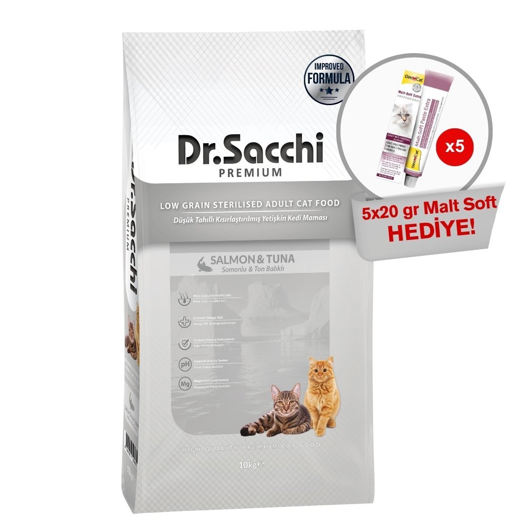 Dr.Sacchi Premium Düşük Tahıllı Kısır Kedi Maması 10Kg + GimCat Malt Soft Extra 20 gr (5 adet) Hediyeli!