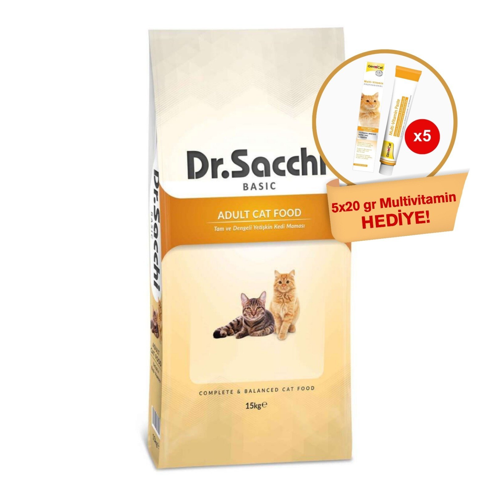 Dr.Sacchi Basic Chicken Yetişkin Kedi Maması 15kg  + GimCat Multivitamin 20 gr (5 adet) Hediyeli!