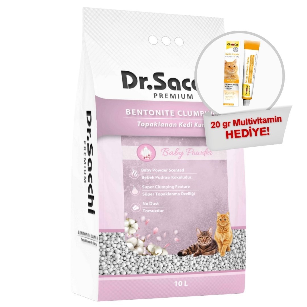 Dr.Sacchi Bebek Pudrası Kokulu Bentonit Kedi Kumu 10 Lt + GimCat Multivitamin 20 gr Hediyeli!