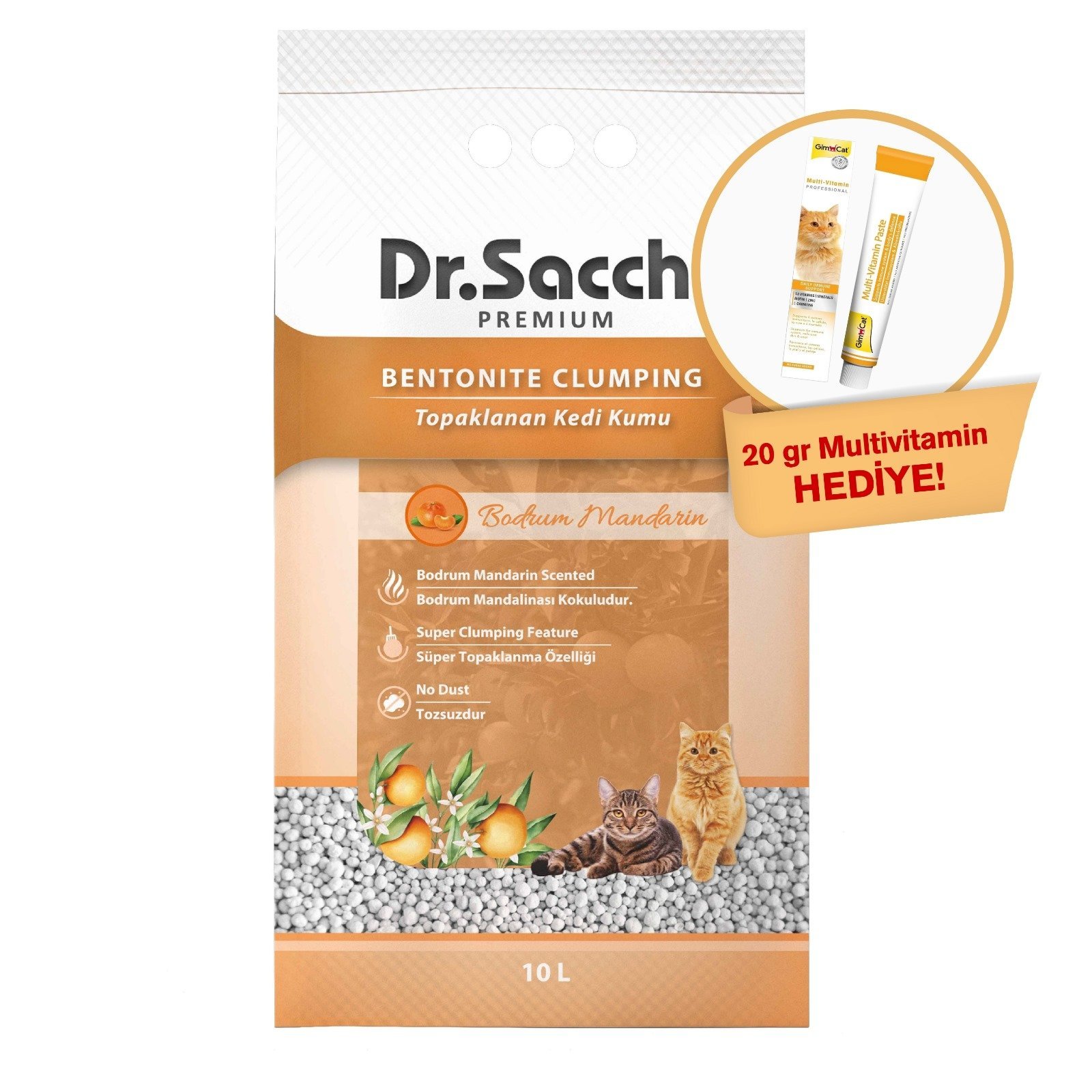 Dr.Sacchi Bodrum Mandalinası Kokulu Bentonit Kedi Kumu 10 Lt +  Multivitamin 20gr Hediye!
