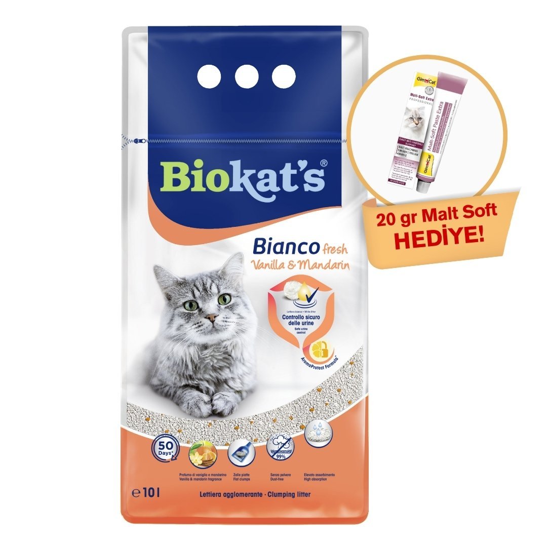 Biokat's Kedi Kumu Bianco Vanilya&Mandalina 10 Lt + Gimcat Malt Soft 20gr Hediyeli!