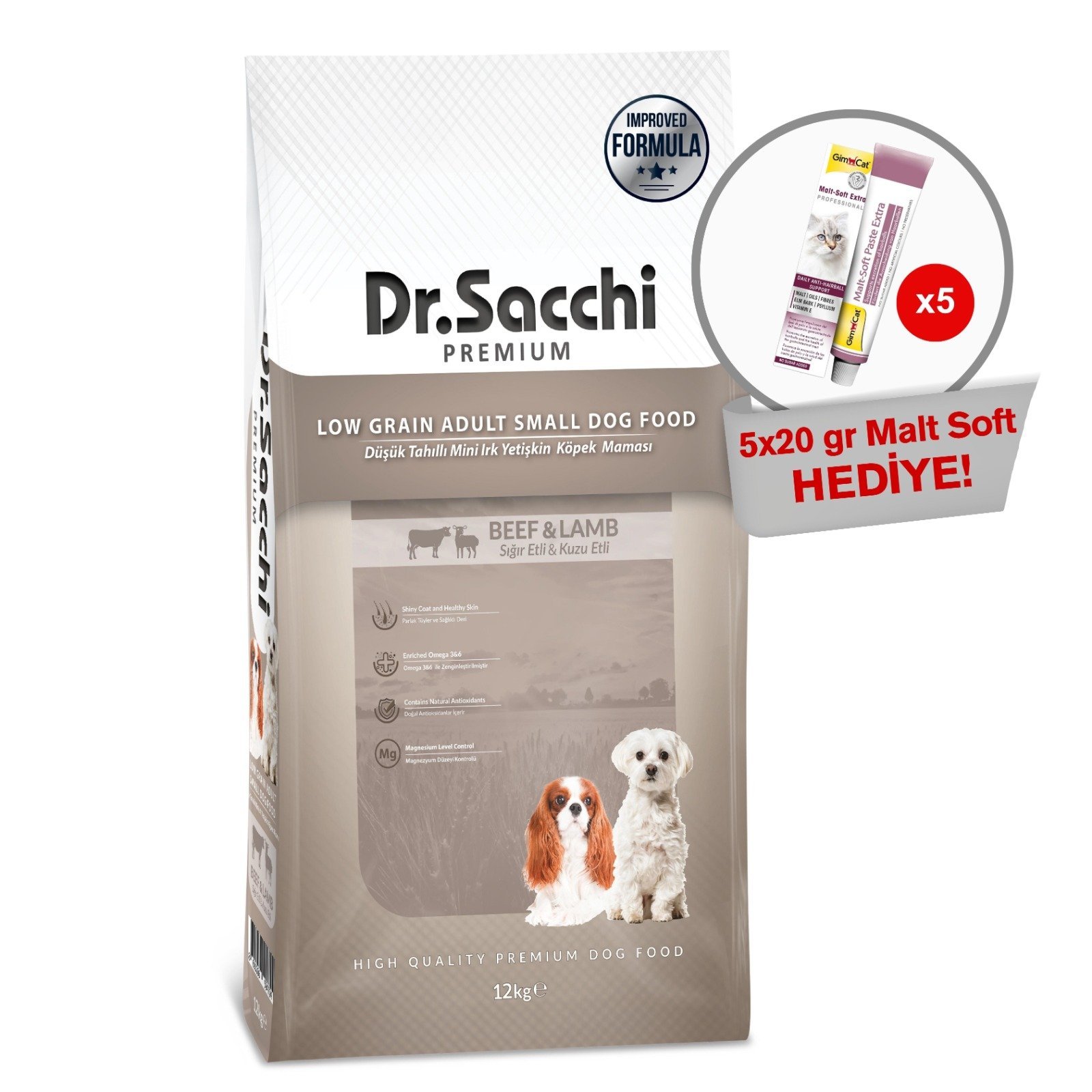 Dr.Sacchi  Düşük Tahıllı Sığır Etli ve Kuzu Etli Mini Irk Yetişkin Köpek Maması 12Kg + GimCat Malt Soft Extra 20 gr (5 adet) Hediyeli!