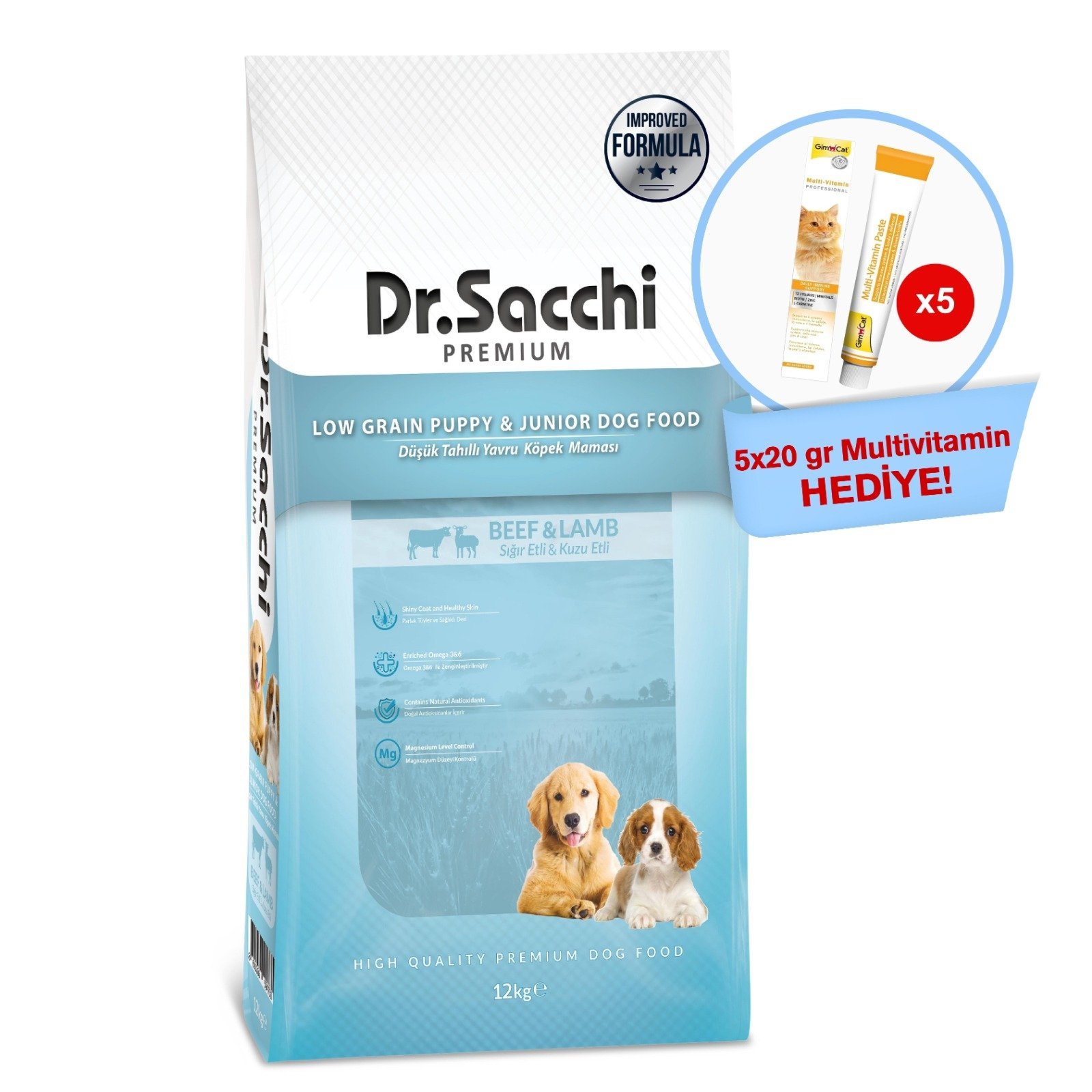 Dr.Sacchi Düşük Tahıllı Sığır Etli ve Kuzu Etli Yavru Köpek Maması 12Kg + GimCat Multivitamin 20 gr (5 adet) Hediyeli!