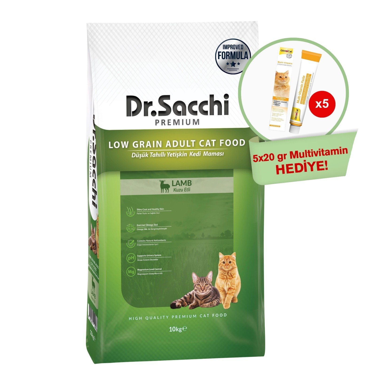 Dr.Sacchi Düşük Tahıllı Kuzu Etli Yetişkin Kedi Maması 10Kg + GimCat Multivitamin 20 gr (5 adet) Hediyeli!