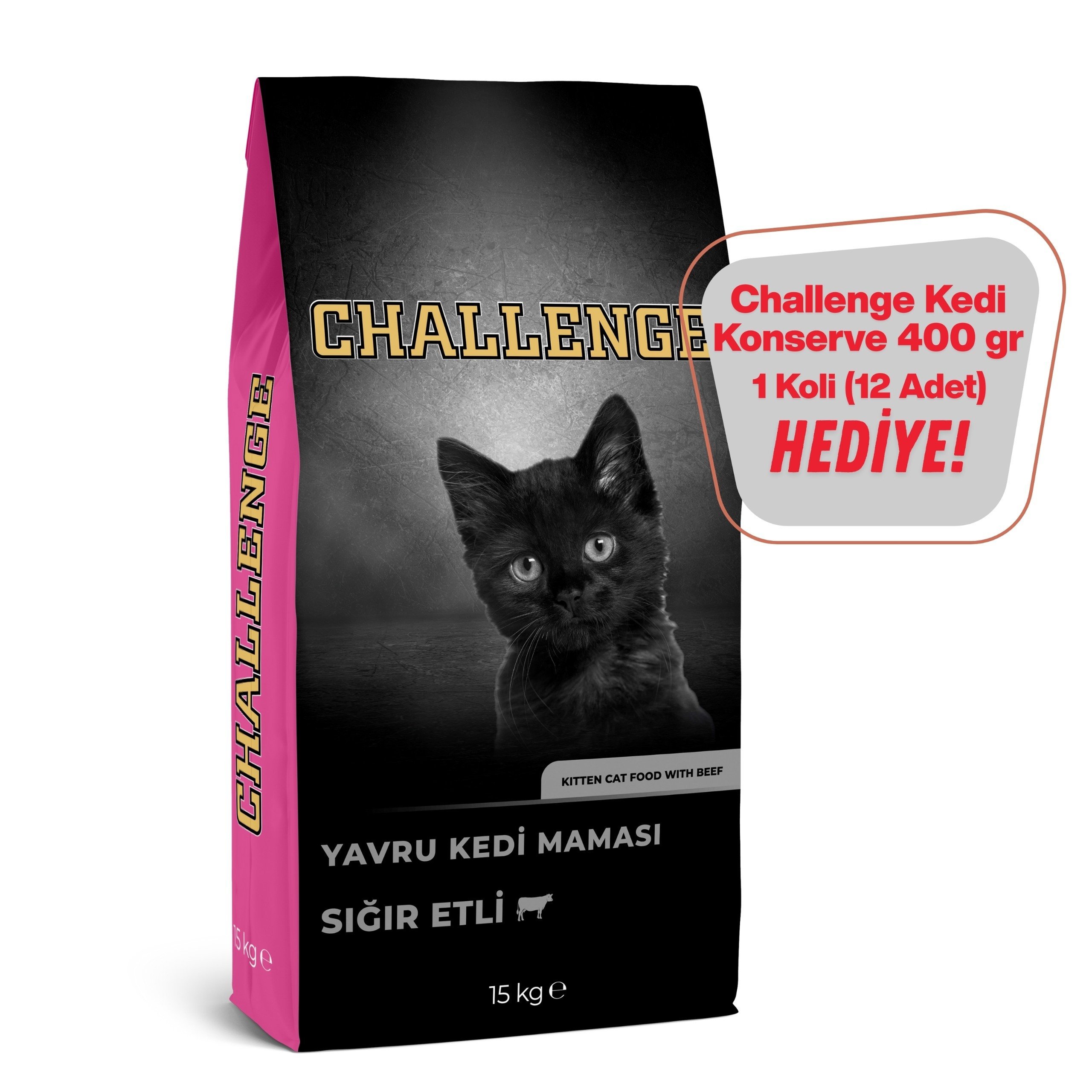 Challenge Sığır Etli Yavru Kedi Maması 15 Kg + Challenge Kedi  Konserve Hediye (12 Adet)
