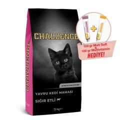 Challenge Sığır Etli Yavru Kedi Maması 15 Kg+GimCat Malt Soft Extra 100 gr + GimCat Multivitamin 100 gr 2'li set ürün! Hediye!