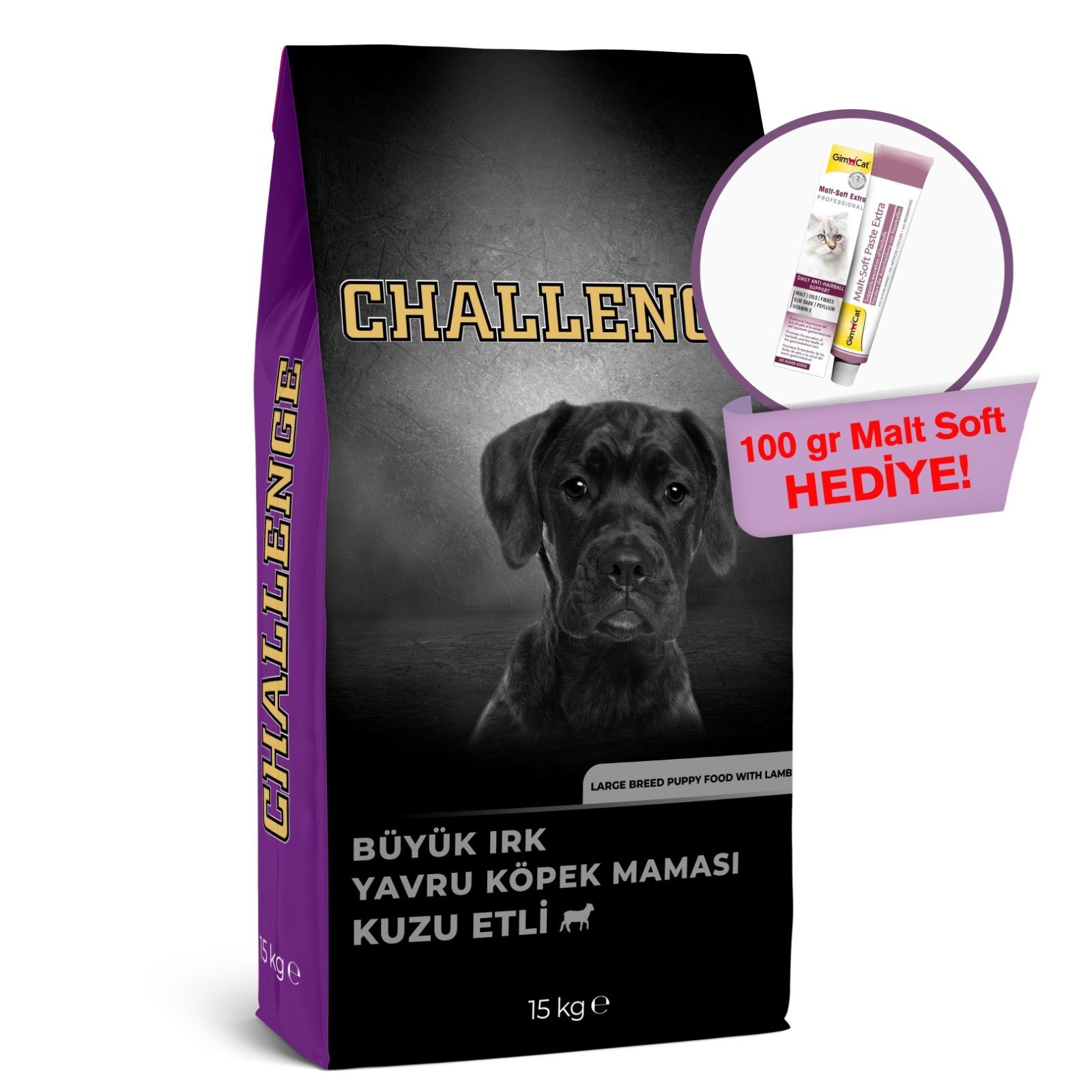 Challenge Kuzu Etli Büyük Irk Yavru Köpek Maması 15 Kg+GimCat Malt Soft Extra 100 gr Hediye!