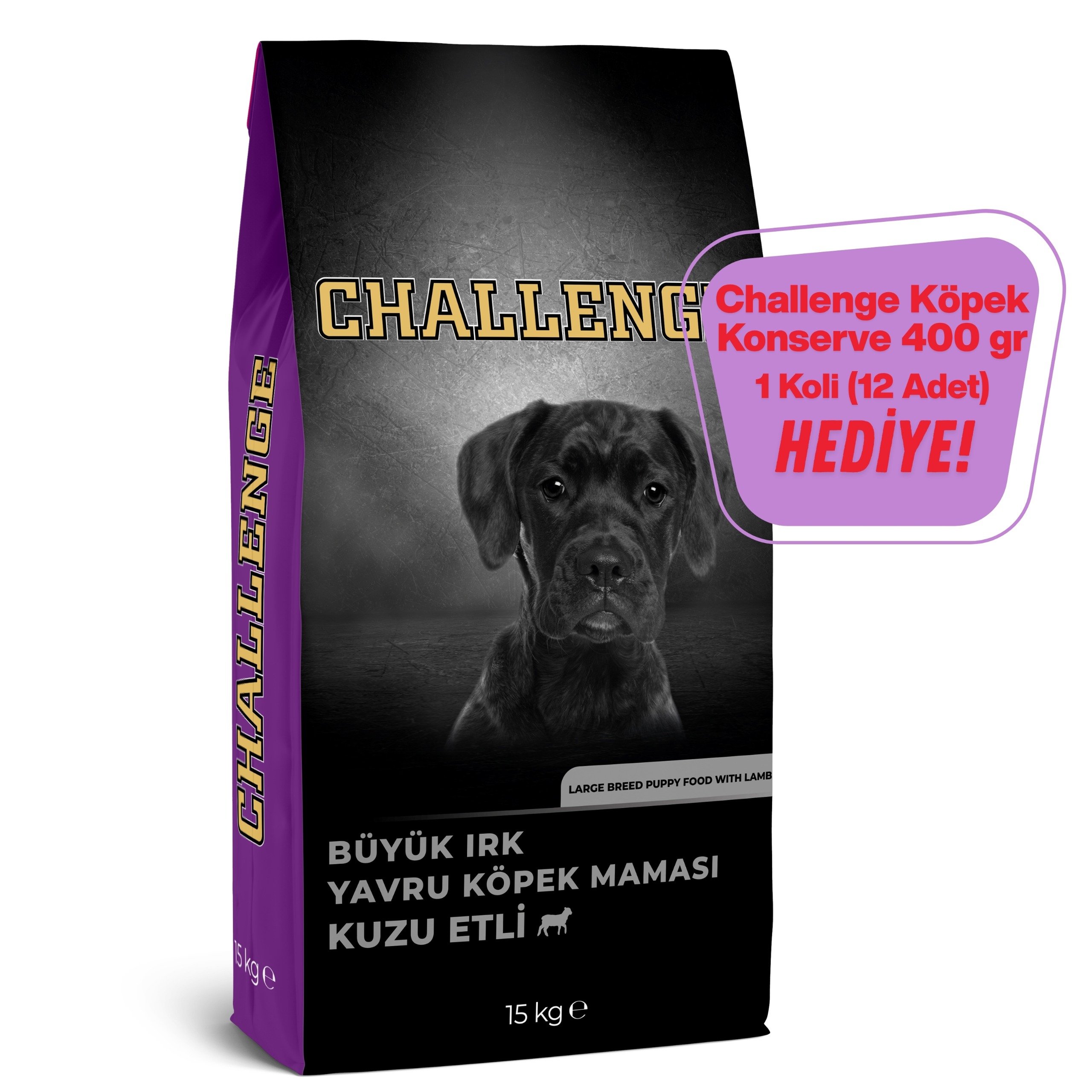 Challenge Kuzu Etli Büyük Irk Yavru Köpek Maması 15 Kg + Challenge Köpek Konserve 400gr 1 Koli (12 Adet) Hediye!