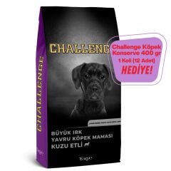 Challenge Kuzu Etli Büyük Irk Yavru Köpek Maması 15 Kg + Challenge Köpek Konserve 400gr 1 Koli (12 Adet) Hediye!