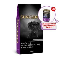 Challenge Kuzu Etli Büyük Irk Yavru Köpek Maması 15 Kg + 12 Adet Challenge 400gr Karışık Konserve Hediye!