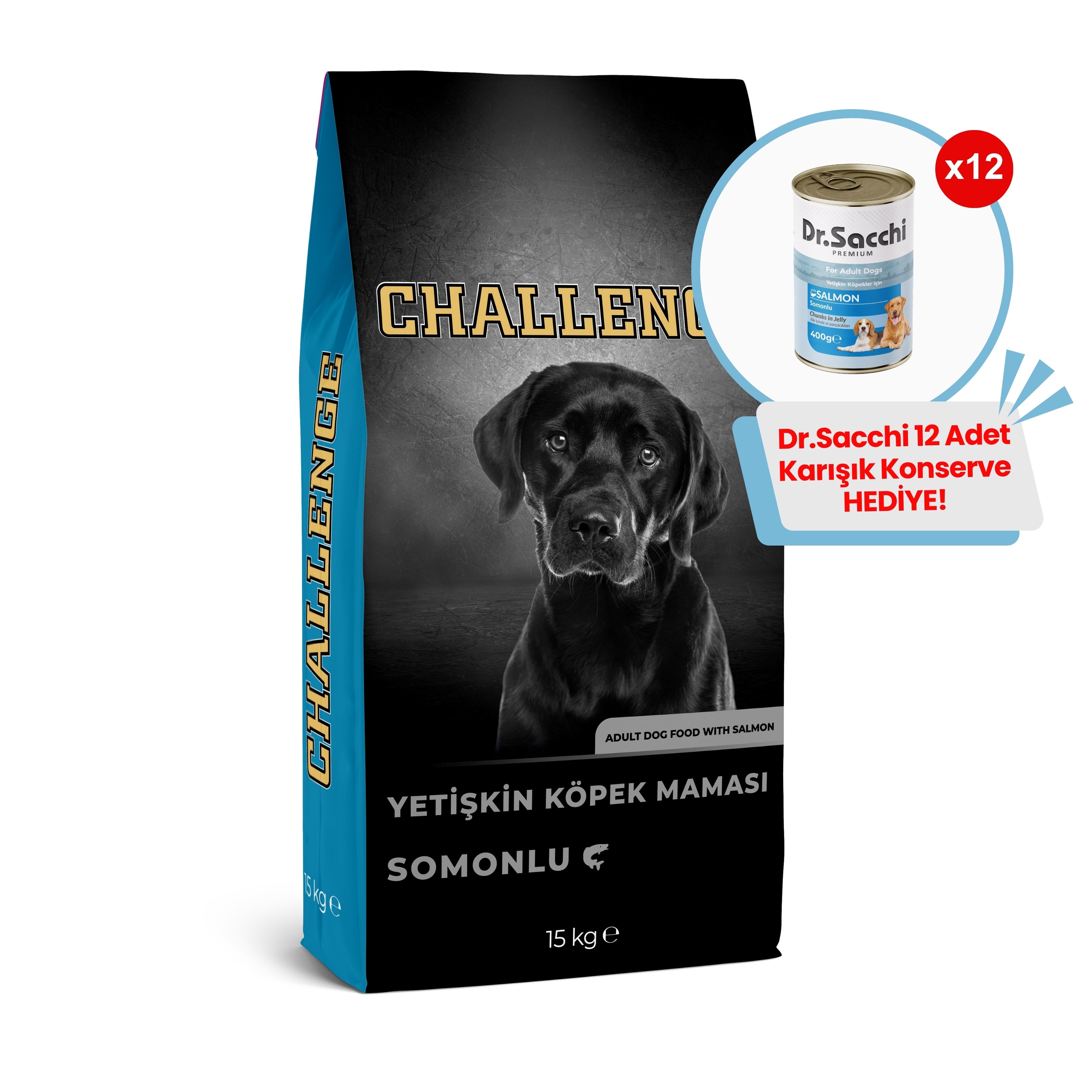 Challenge Somonlu Yetişkin Köpek Maması 15 Kg + 12 Adet Dr.Sacchi 400gr Karışık Konserve Hediye!