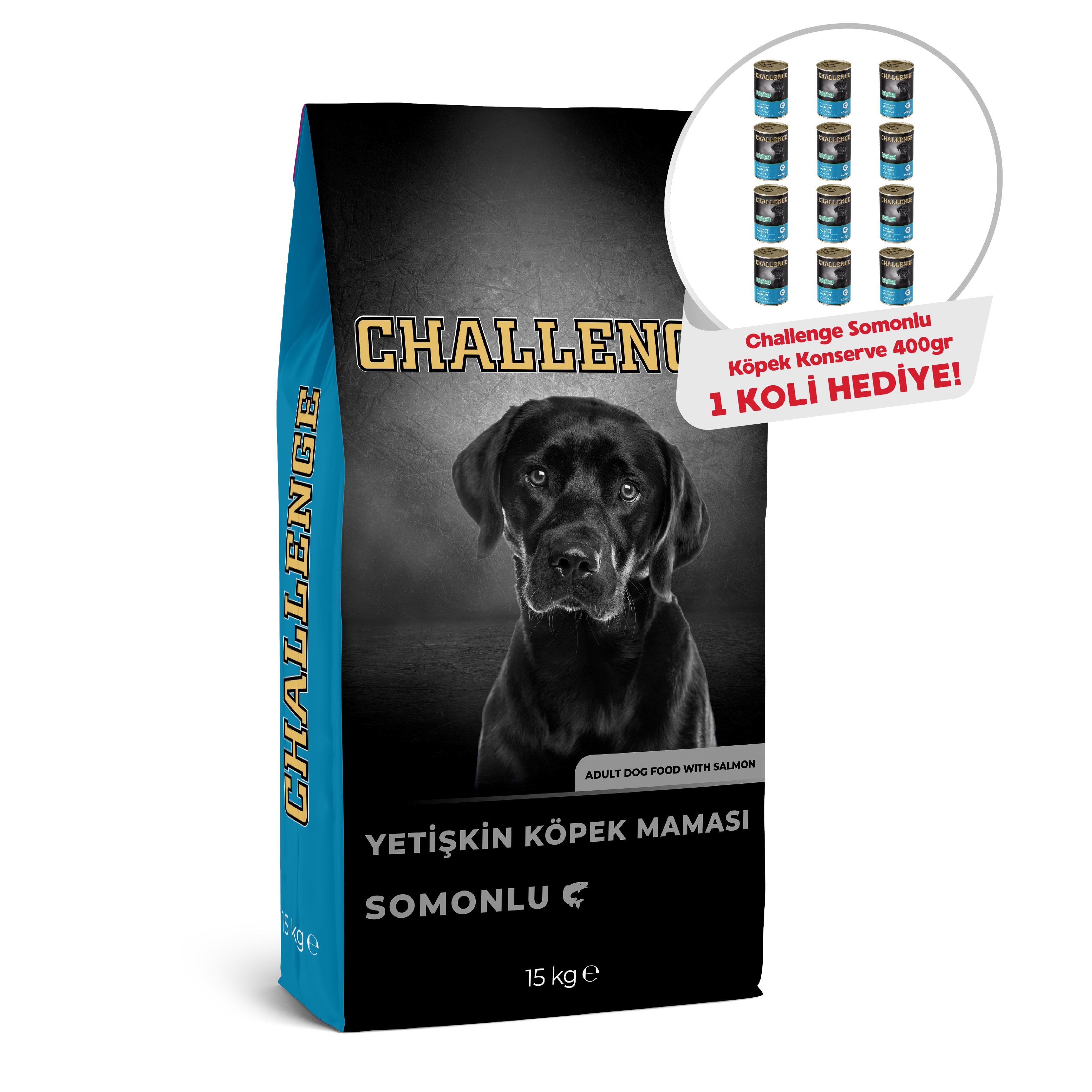 Challenge Somonlu Yetişkin Köpek Maması 15 Kg+Challenge Somonlu Yetişkin Köpek Konservesi 400gr x12 Adet Hediyeli!