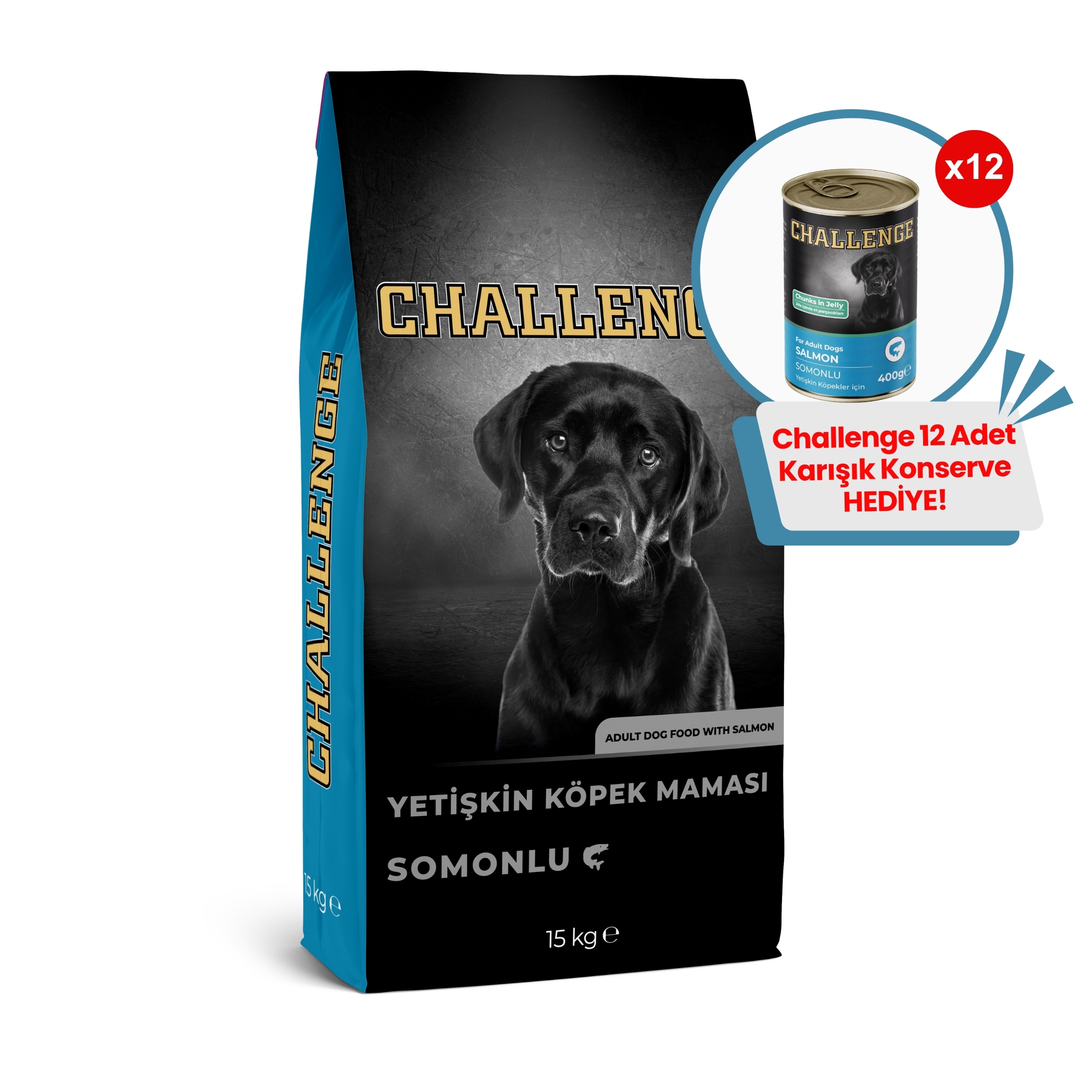 Challenge Somonlu Yetişkin Köpek Maması 15 Kg + 12 Adet Challenge 400gr Karışık Konserve Hediye!