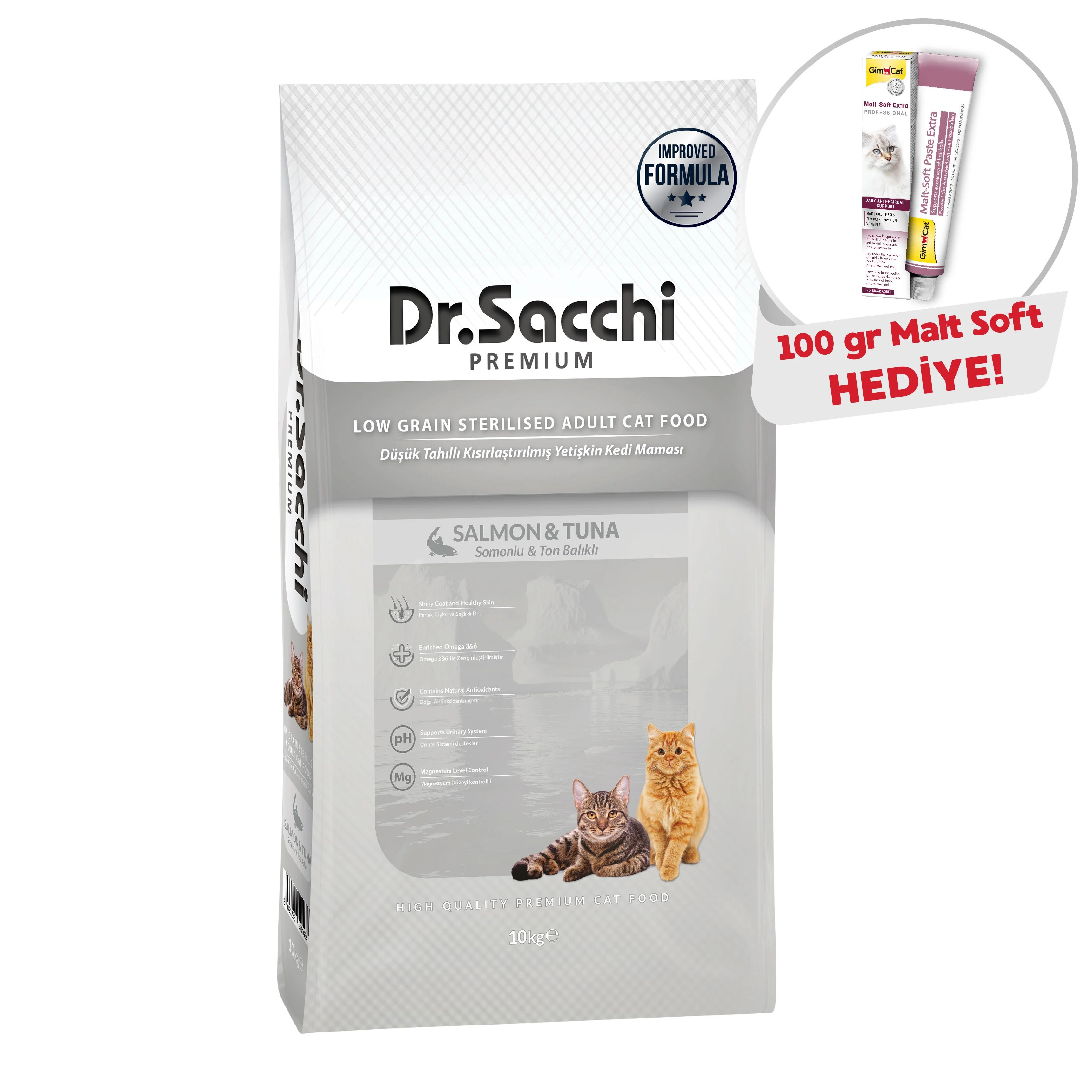 Dr.Sacchi Premium Düşük Tahıllı Kısır Kedi Maması 10Kg  + Gimcat Malt Soft 100 Gr Hediye!