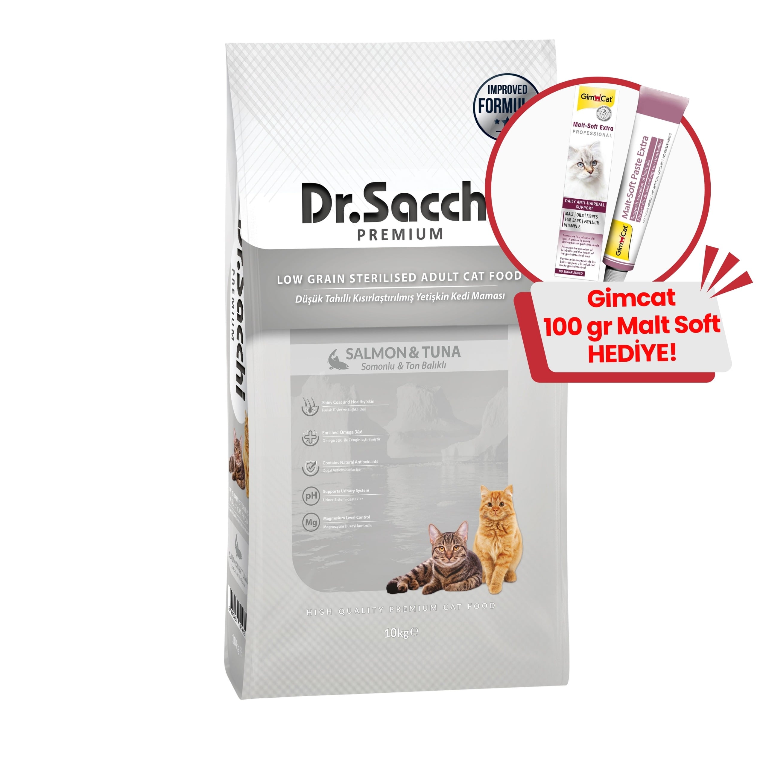 Dr.Sacchi Premium Düşük Tahıllı Kısır Kedi Maması 10Kg + GimCat Malt Soft Extra 100 gr Hediye!