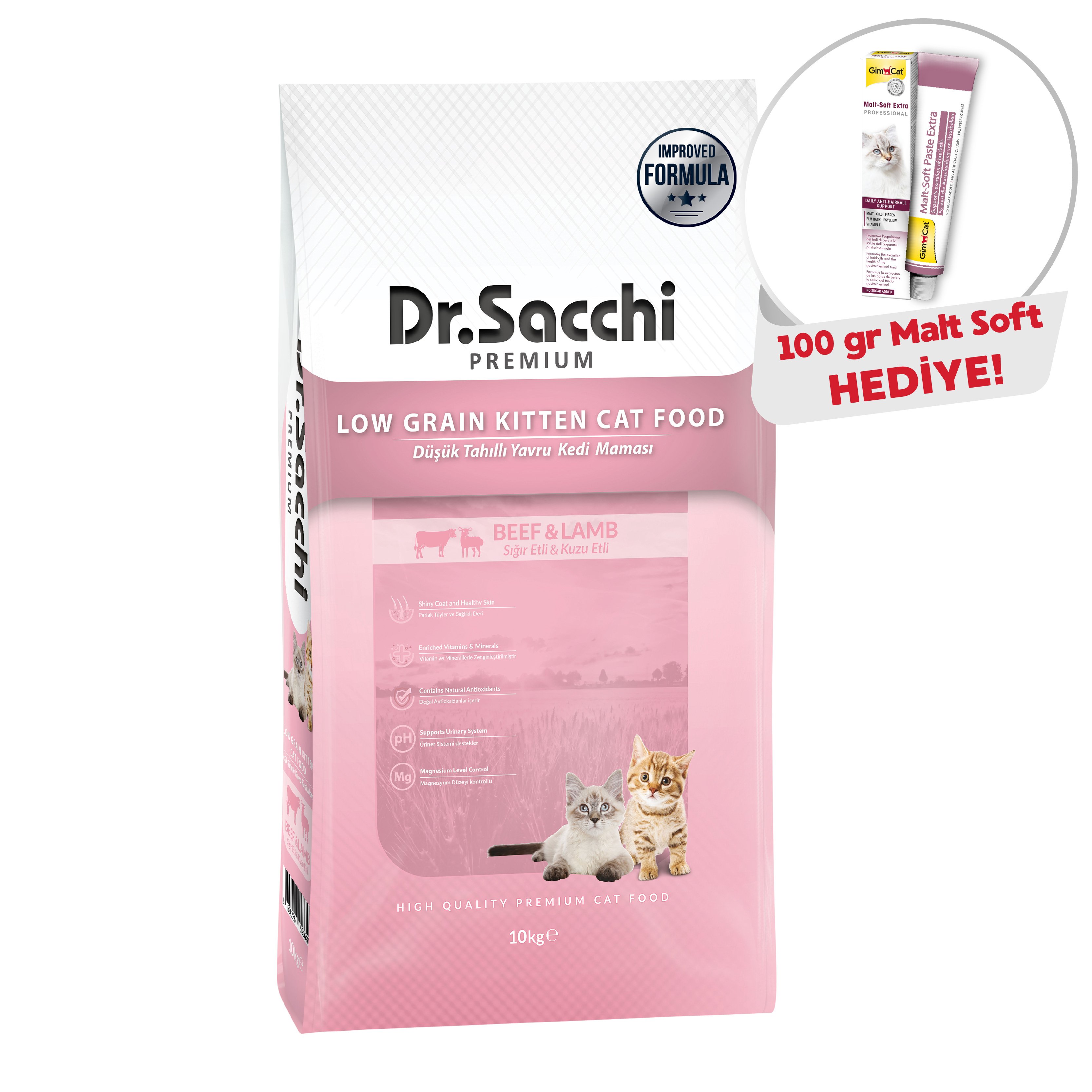 Dr.Sacchi Premium Düşük Tahıllı Yavru Kedi Maması 10Kg + GimCat Malt Soft Extra 100 gr Hediye !