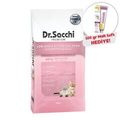 Dr.Sacchi Premium Düşük Tahıllı Yavru Kedi Maması 10Kg + GimCat Malt Soft Extra 100 gr Hediye !