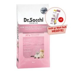 Dr.Sacchi Premium Düşük Tahıllı Yavru Kedi Maması 10Kg + GimCat Malt Soft Extra 20 gr (5 adet) Hediyeli!
