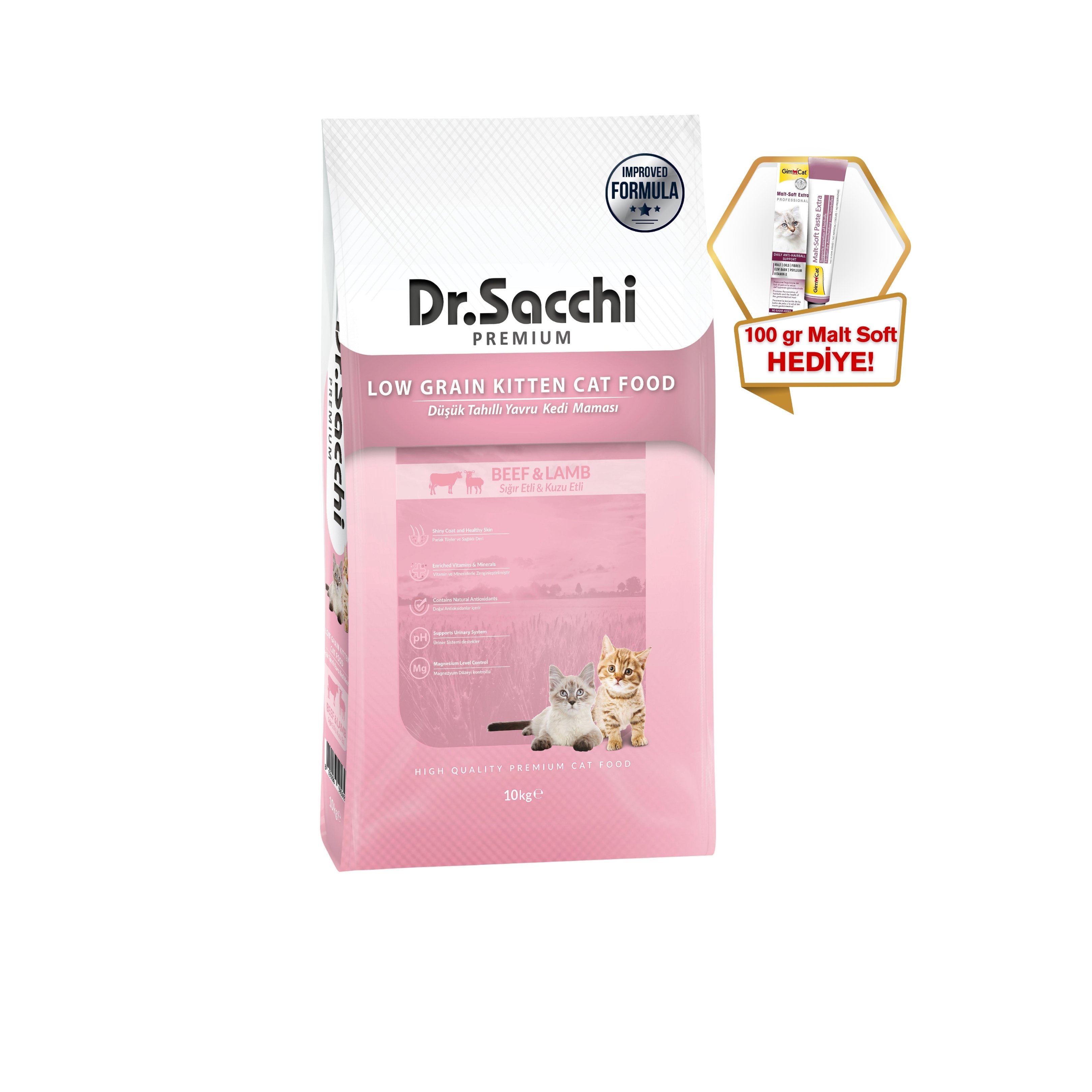 Dr.Sacchi Premium Düşük Tahıllı Yavru Kedi Maması 10Kg + GimCat Malt Soft Extra 100 gr hediyeli!