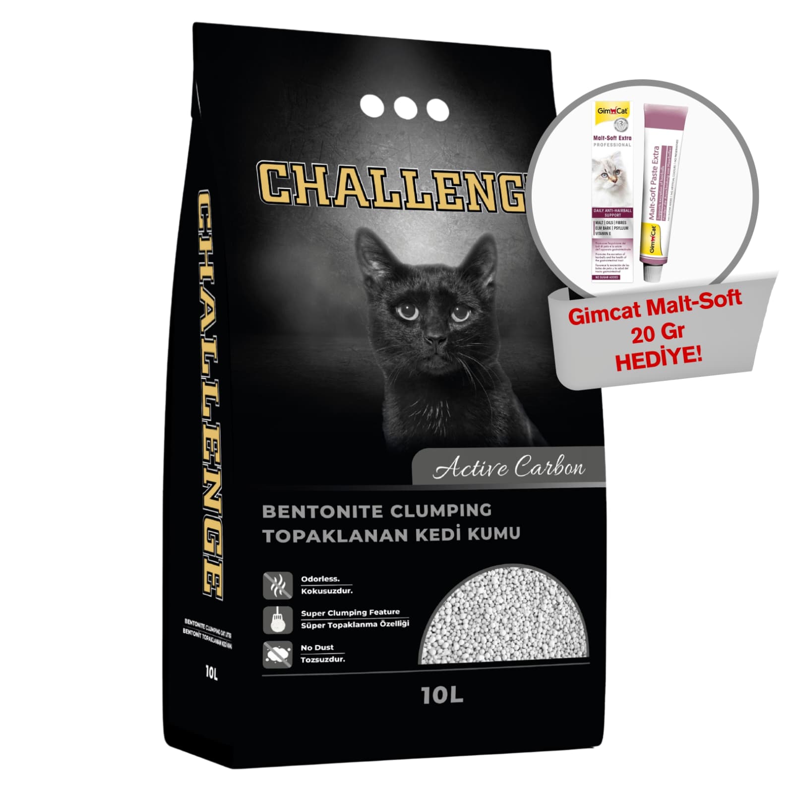 Challenge Aktif Karbonlu Bentonit Kedi Kumu 10 Lt+ GimCat Malt Soft Extra 20 gr Hediye!