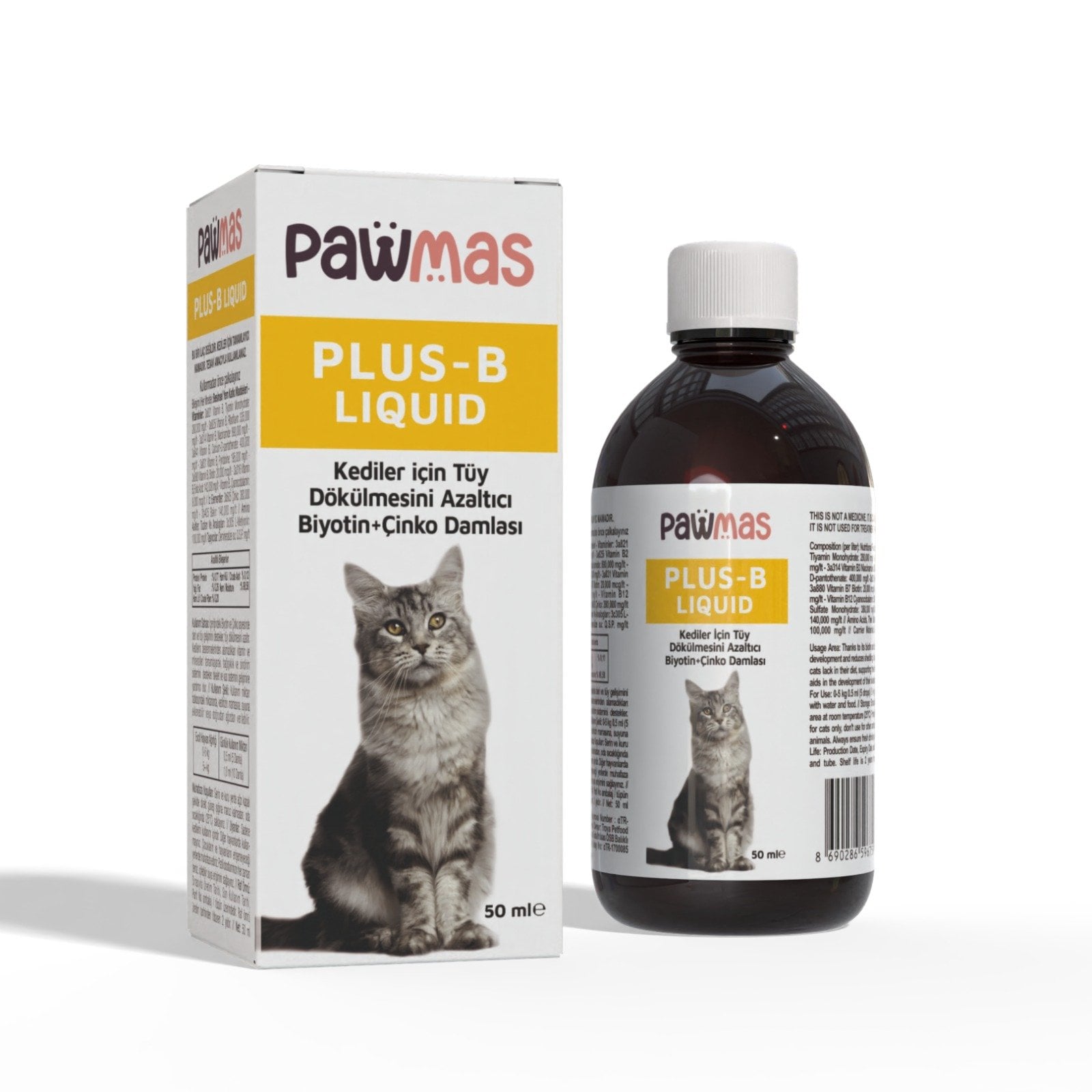 Pawmas Plus-B Liquid Kediler için Tüy Dökülmesini Azaltıcı Biyotin & Çinko Damlası 50 ml
