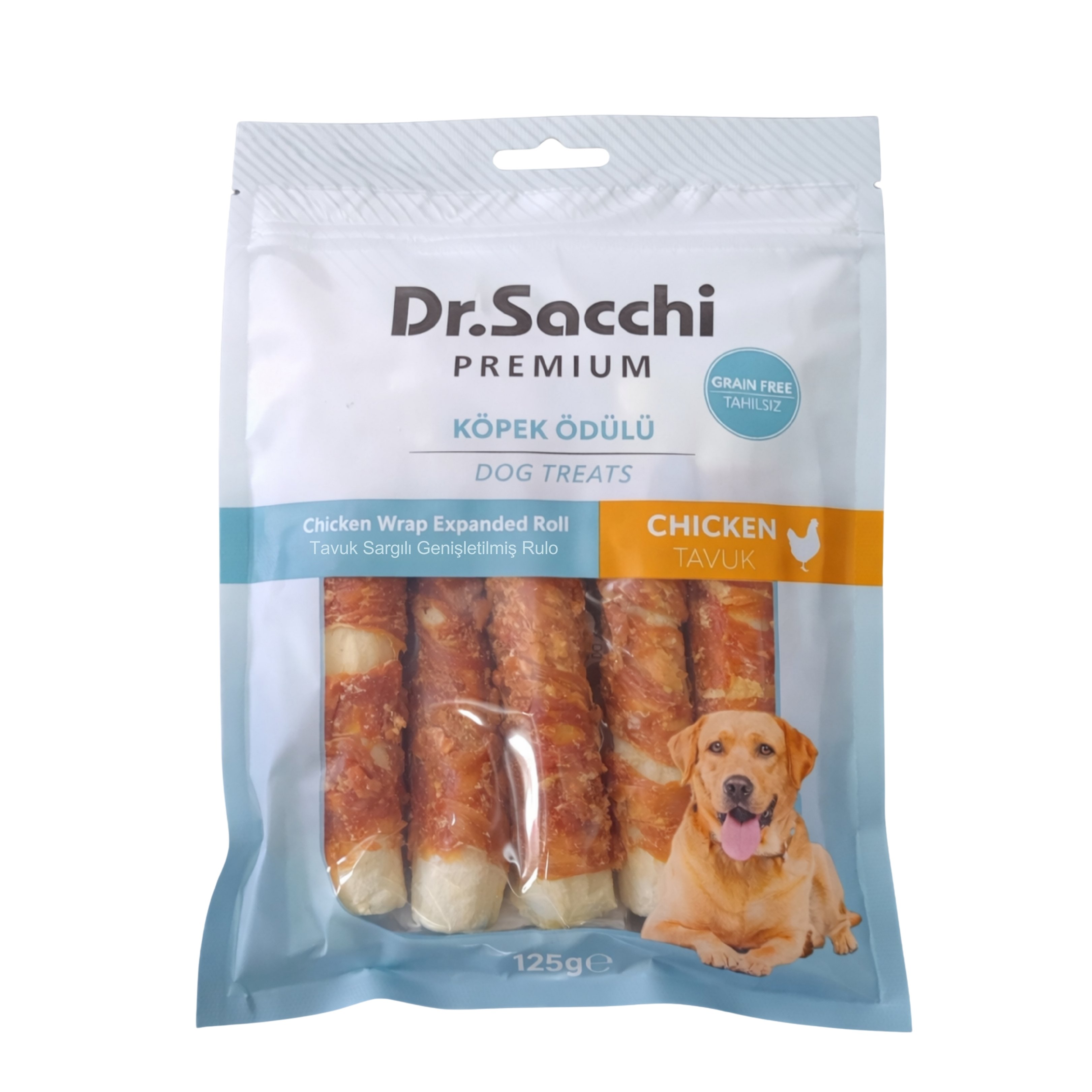 Dr.Sacchi Premium Tavuk Sargılı Genişletilmiş Rulo Tahılsız Köpek Ödülü 5'' 5'li 125 Gr