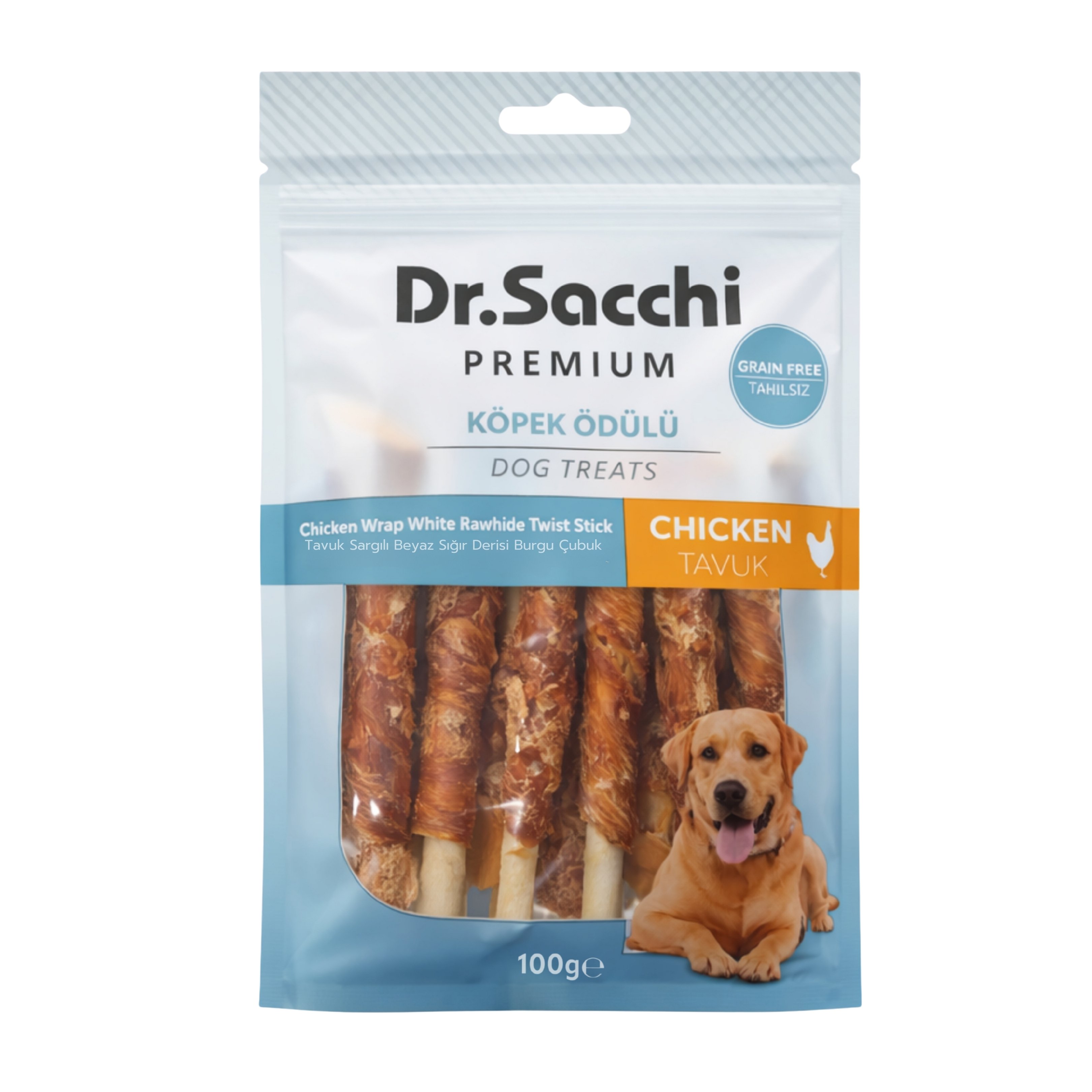 Dr.Sacchi Premium Tavuk Sargılı Beyaz Sığır Derisi Burgu Çubuk Tahılsız Köpek Ödülü 5'' 10'lu 100 Gr