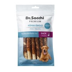 Dr.Sacchi Premium Ördek Sargılı Beyaz Sığır Derisi Burgu Çubuk Tahılsız Köpek Ödülü 5'' 10'lu 100 Gr
