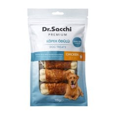 Dr.Sacchi Premium Tavuk Sargılı Beyaz Sığır Derisi Pres Kemik Tahılsız Köpek Ödülü 3” 5'li 115 Gr