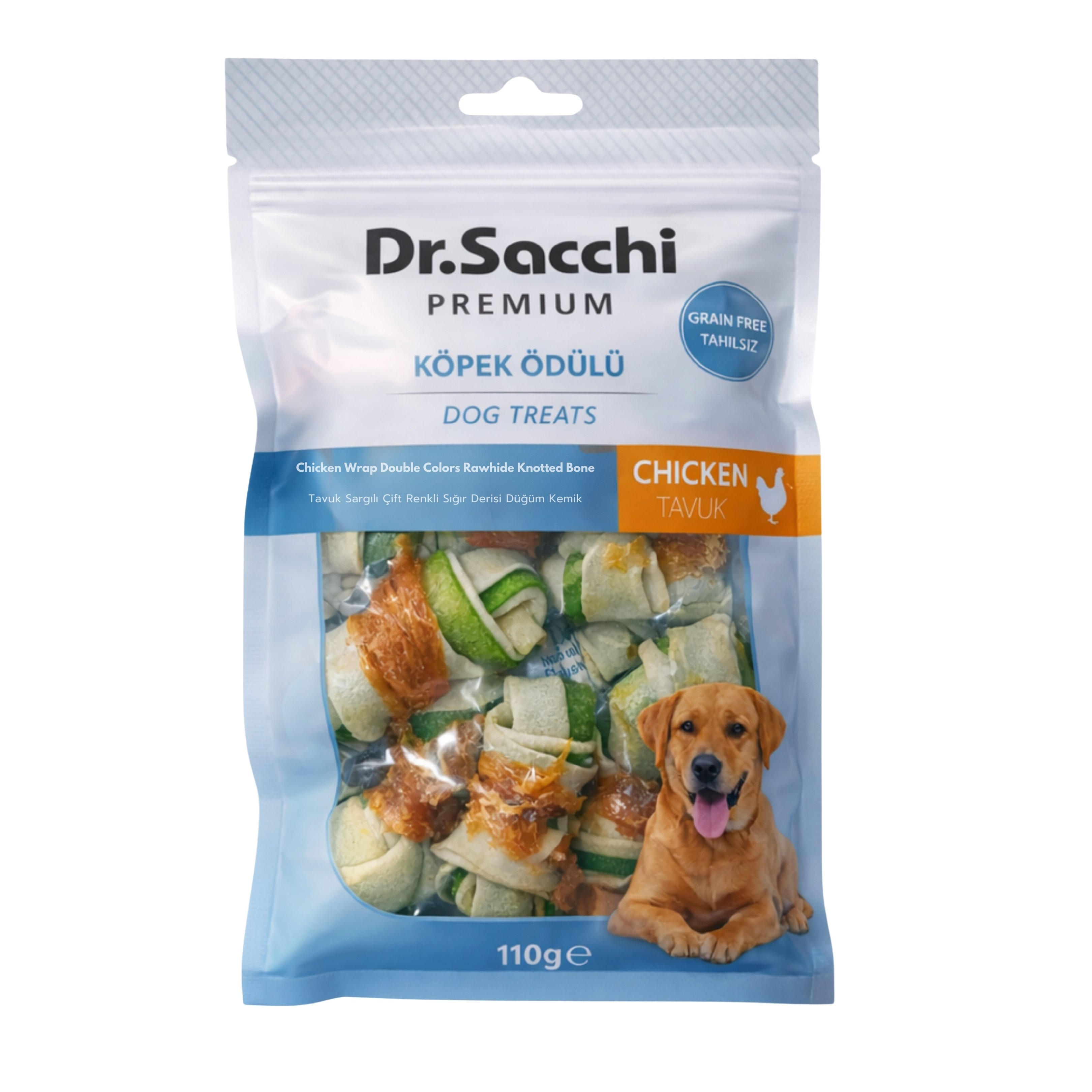 Dr.Sacchi Premium Tavuk Sargılı Çift Renkli Sığır Derisi Düğüm Kemik Tahılsız Köpek Ödülü 2“ 8'li 110 Gr