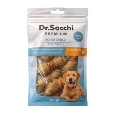 Dr.Sacchi Premium Tavuk Sargılı Sığır Derisi Doğal Düğüm Kemik Tahılsız Köpek Ödülü 2“ 8'li 100 Gr