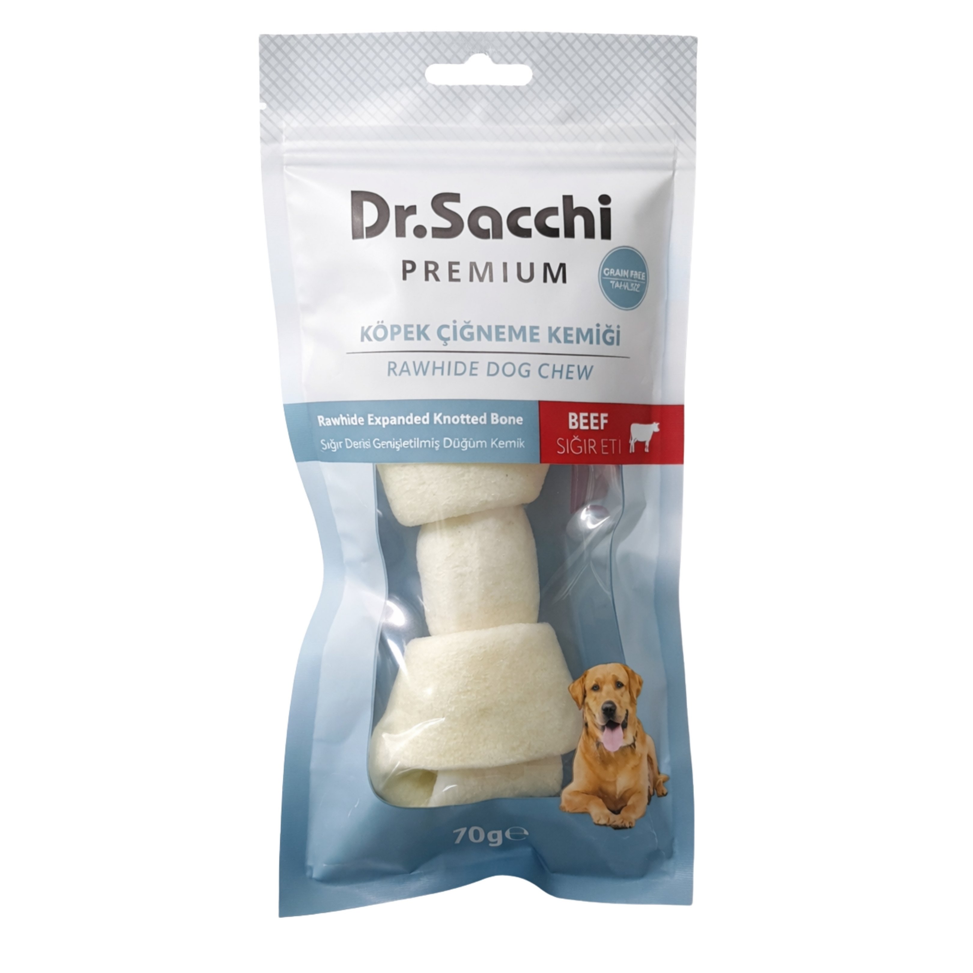Dr.Sacchi Premium Sığır Etli Sığır Derisi Genişletilmiş Düğüm Kemik Tahılsız Köpek Ödülü 5-6''  1'li 70 Gr