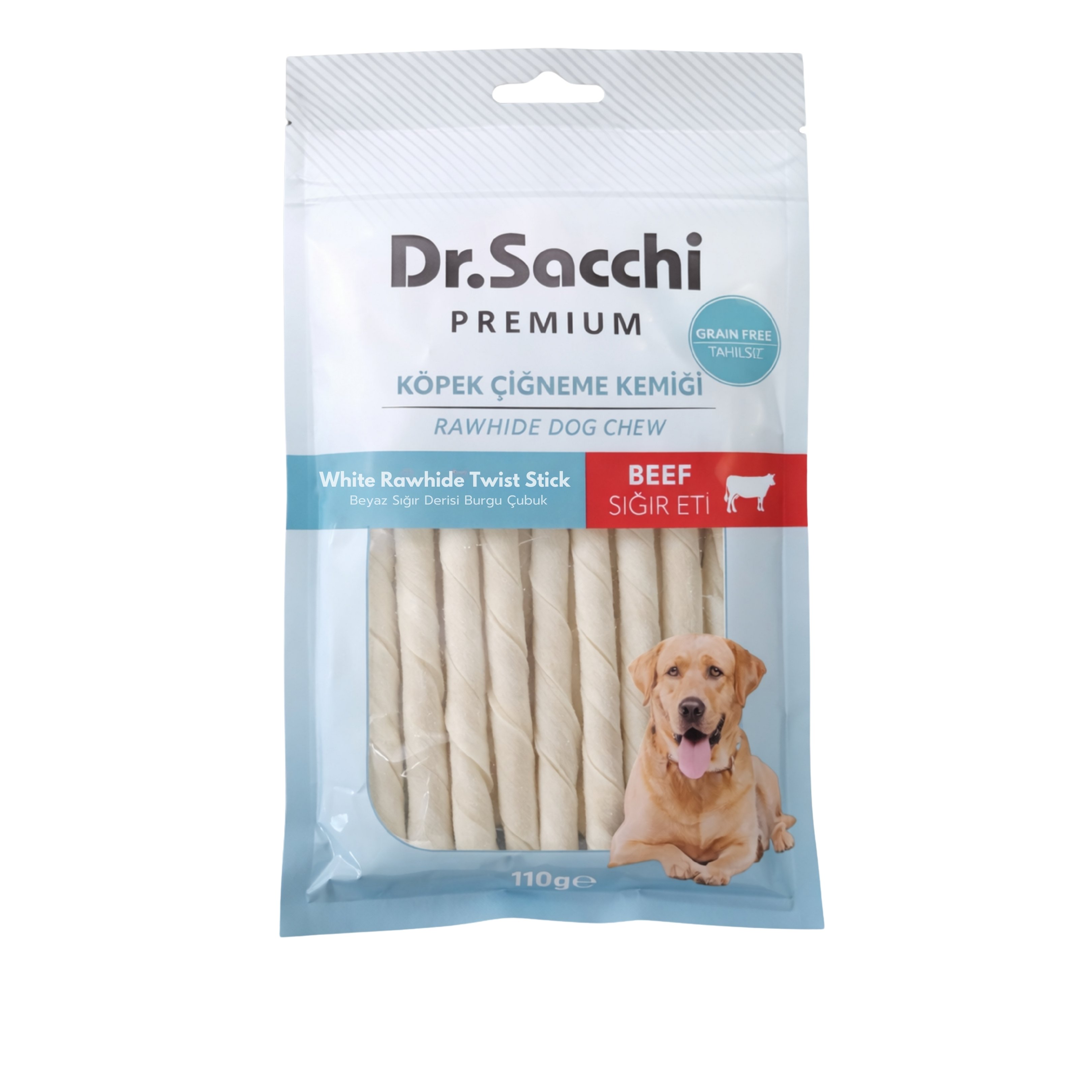 Dr.Sacchi Premium Sığır Etli Beyaz Sığır Derisi Burgu Çubuk Tahılsız Köpek Ödülü 5'' 15'li 110 Gr