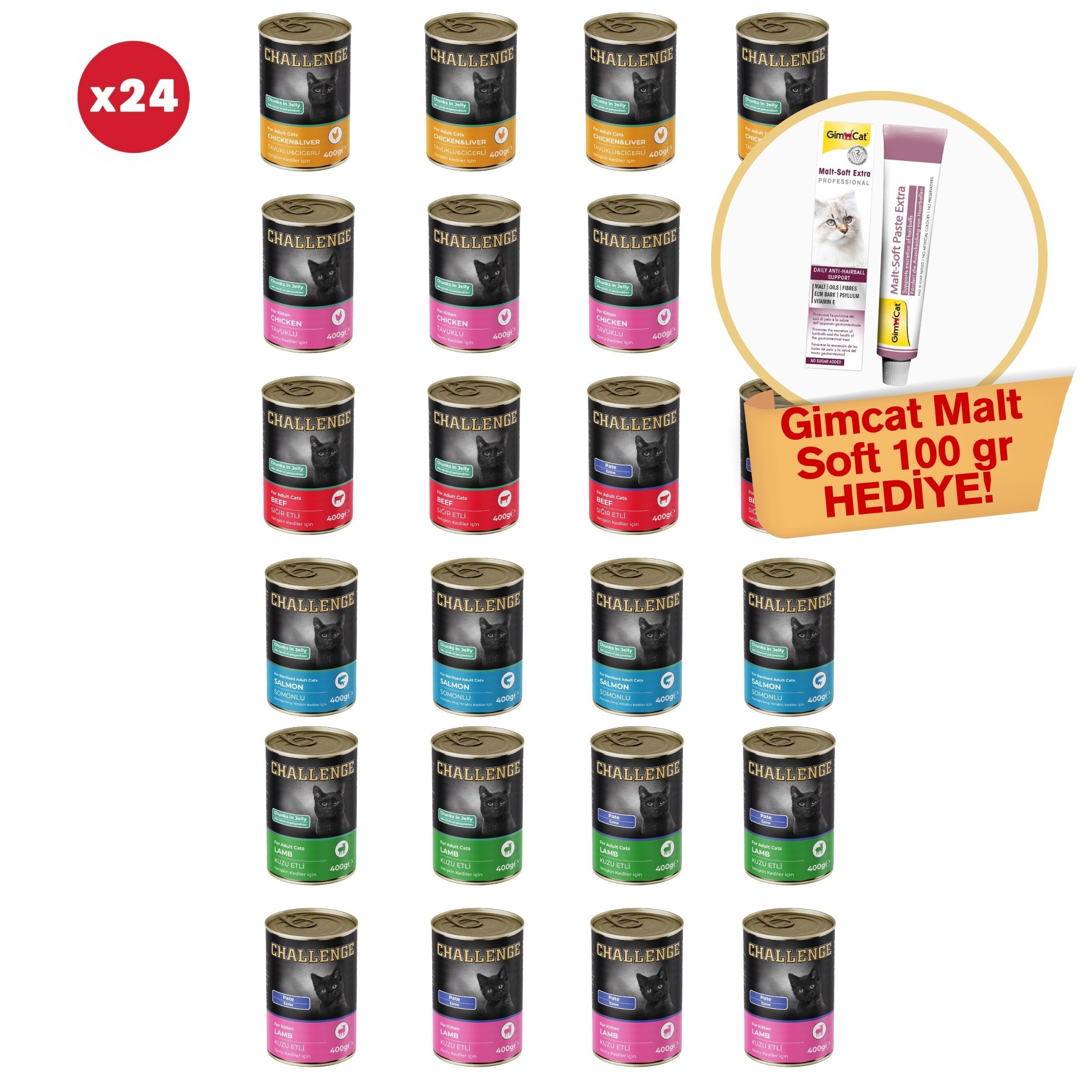 Challenge Kedi Konserve Karışık (24lü) + GimCat Malt Soft Extra 100 Gr (1 adet) hediyeli!