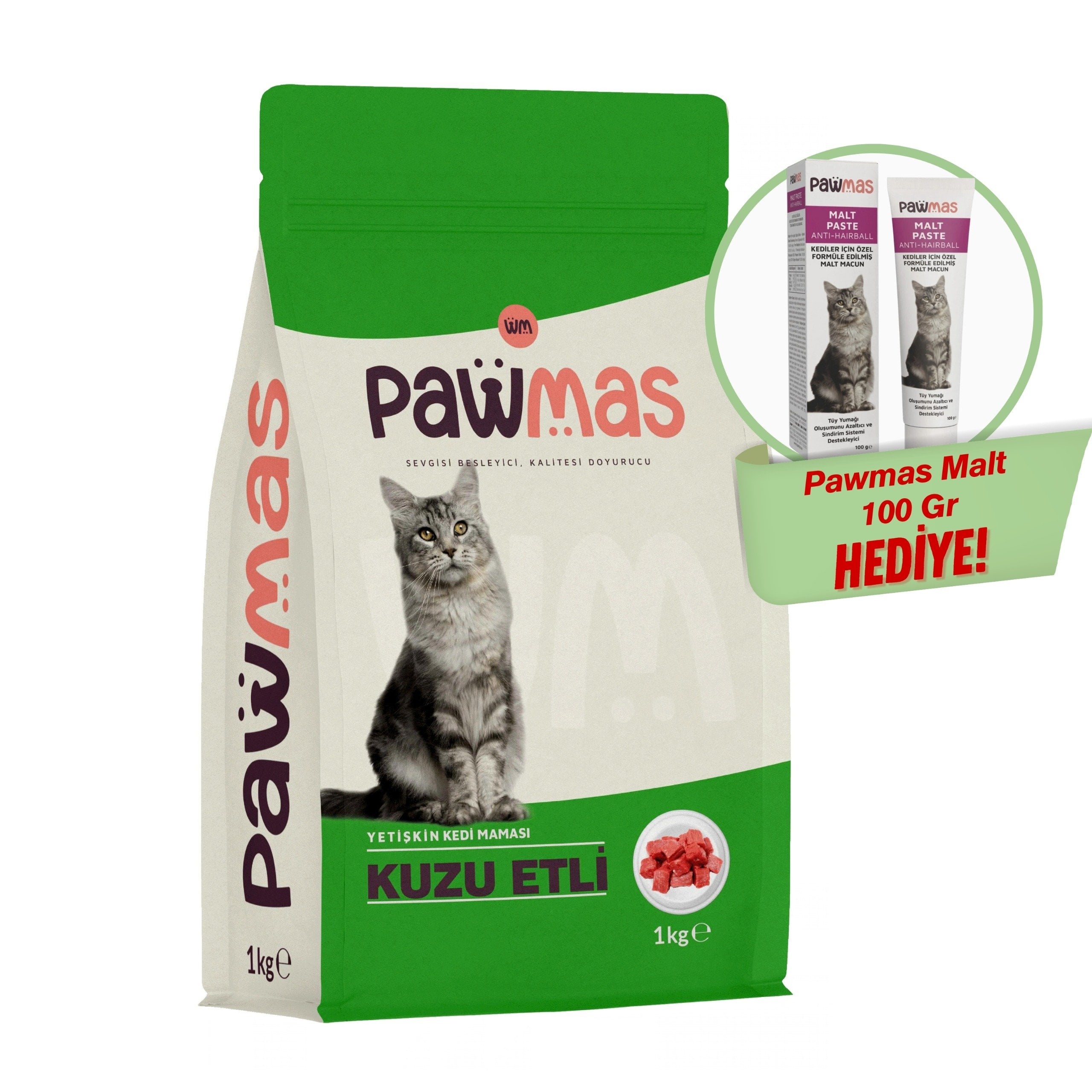 Pawmas Yetişkin Kedi Maması Kuzu Etli 1kg+Pawmas Malt Paste (Anti-Hairball) Kedi Macunu 100 Gr Hediye!