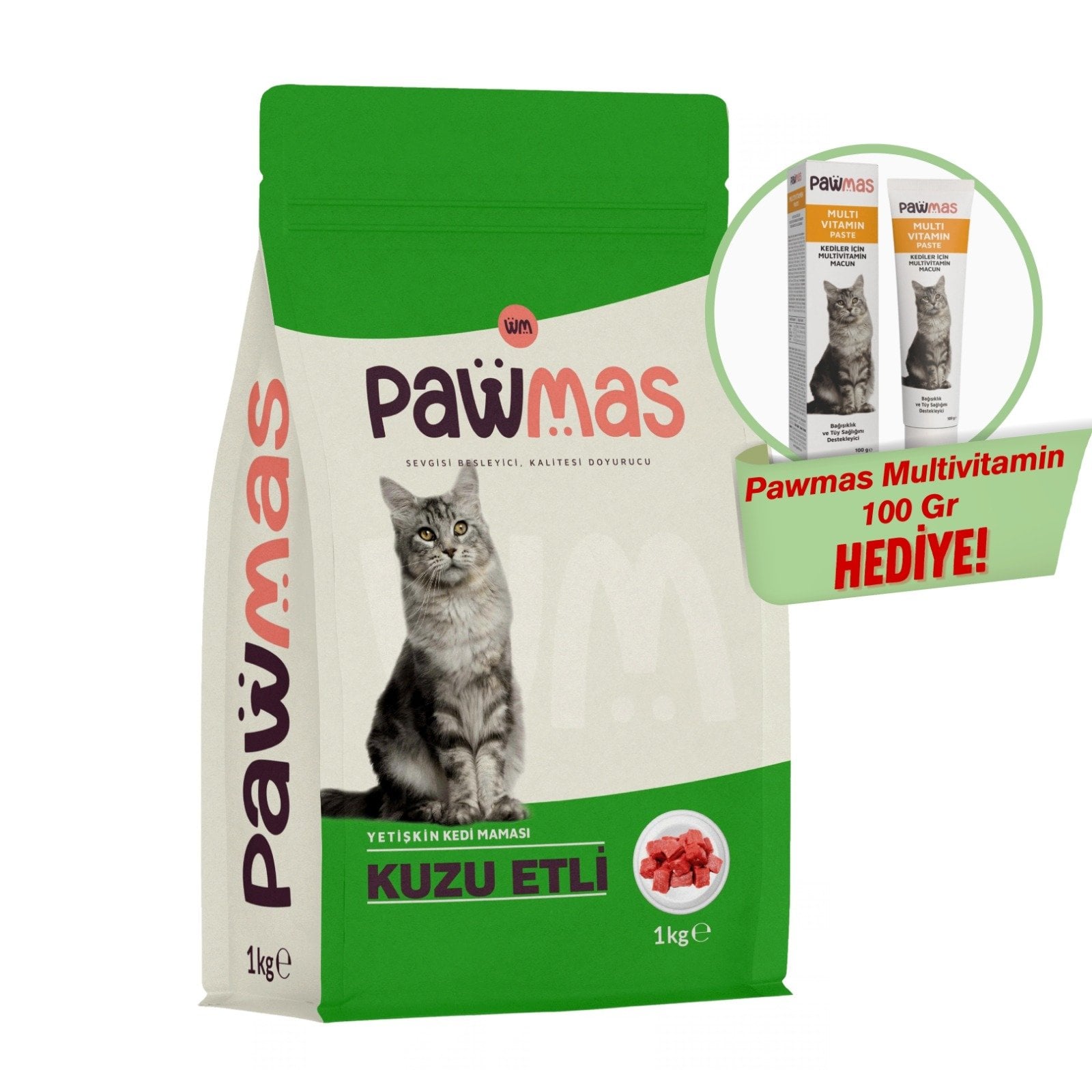 Pawmas Yetişkin Kedi Maması Kuzu Etli 1kg+Pawmas Multivitamin Kedi Macunu 100 Gr Hediye!