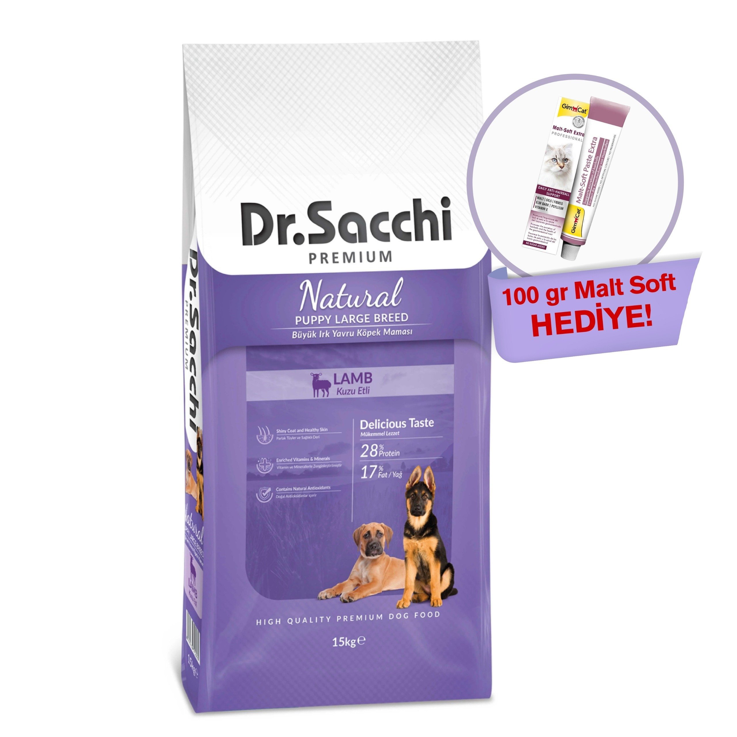 Dr. Sacchi Puppy Large Lamb Büyük Irk Yavru Köpek Maması 15kg + Gimcat Malt Soft 100 Gr Hediye!