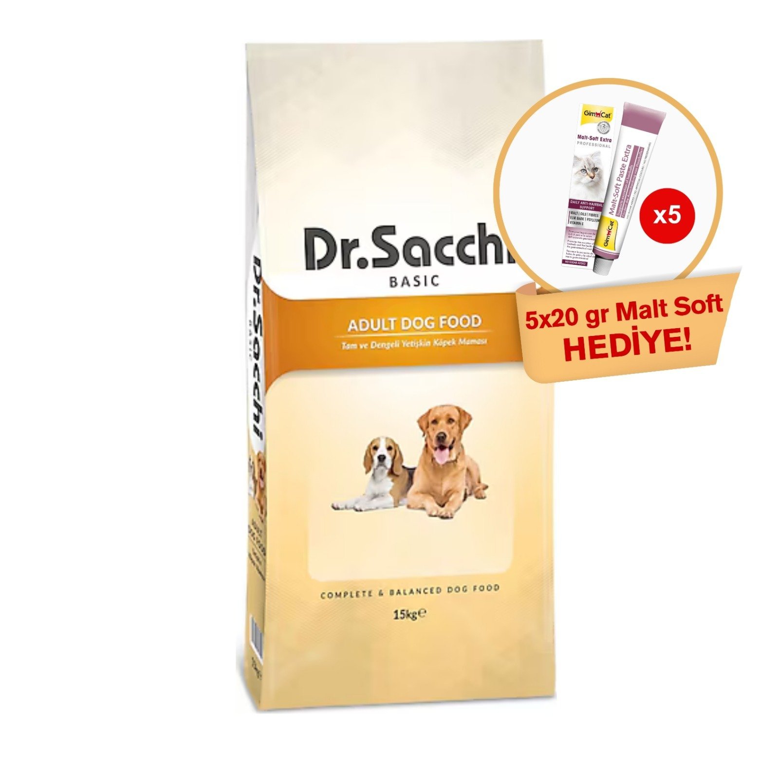 Dr.Sacchi Basic Chicken Yetişkin Köpek Maması 15kg + GimCat Malt Soft Extra 20 gr (5 adet) Hediyeli!