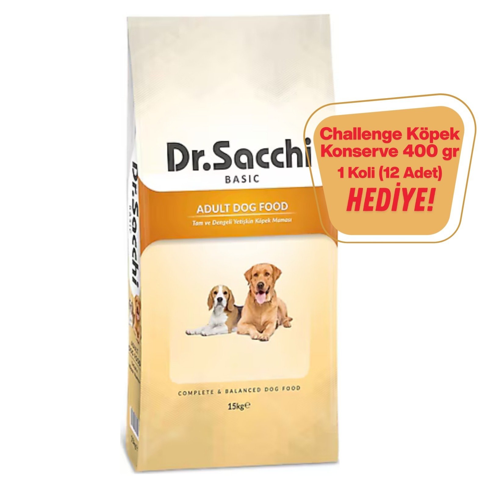 Dr.Sacchi Basic Chicken Yetişkin Köpek Maması 15kg + Challenge Köpek Konserve Hediye (12 Adet)