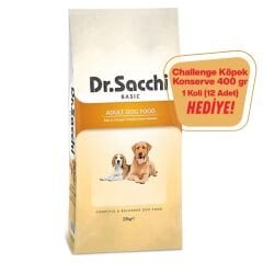 Dr.Sacchi Basic Chicken Yetişkin Köpek Maması 15kg + Challenge Köpek Konserve Hediye (12 Adet)