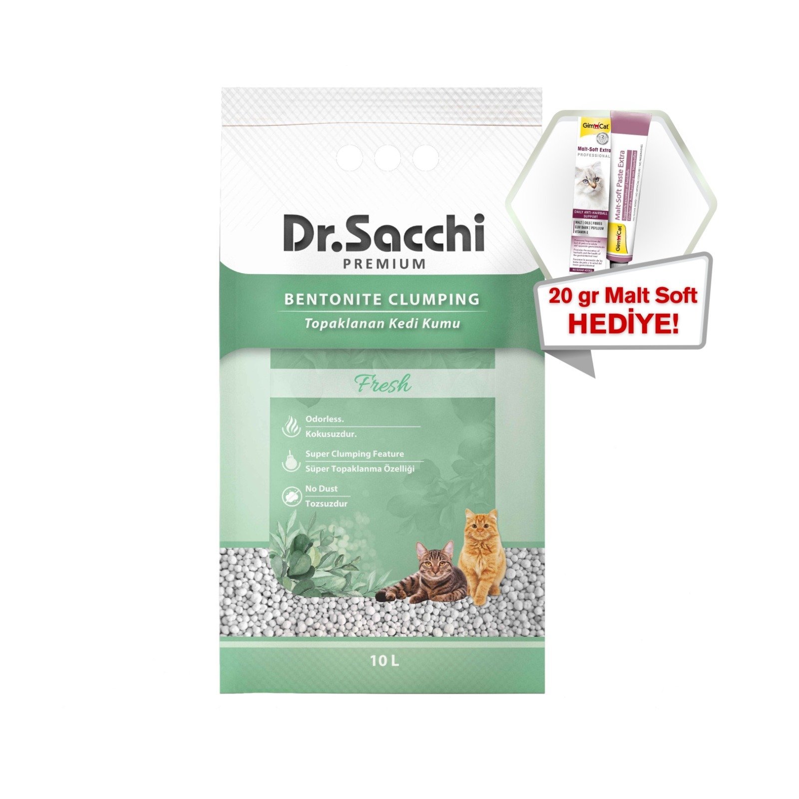 Dr.Sacchi Fresh Bentonit Kedi Kumu 10 Lt + GimCat Malt Soft Extra 20 gr
