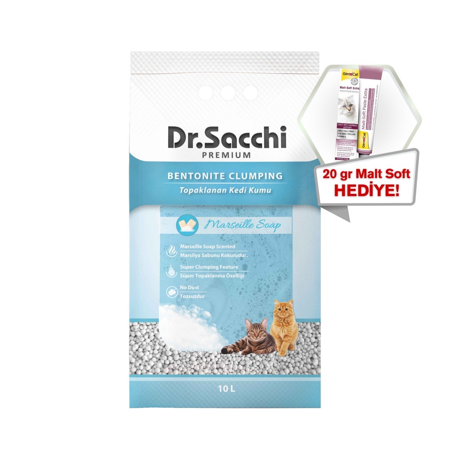 Dr.Sacchi Marsilya Sabunu Kokulu Bentonit Kedi Kumu 10 Lt + GimCat Malt Soft Extra 20 gr Hediye!
