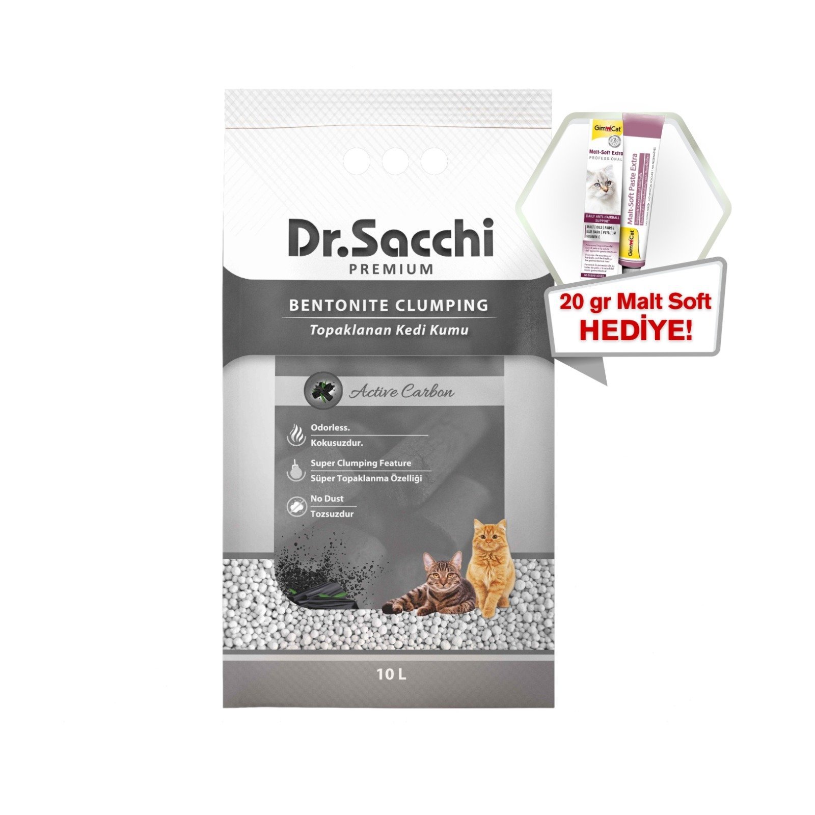 Dr.Sacchi Aktif Karbonlu Bentonit Kedi Kumu 10 Lt + GimCat Malt Soft Extra 20 gr Hediye!