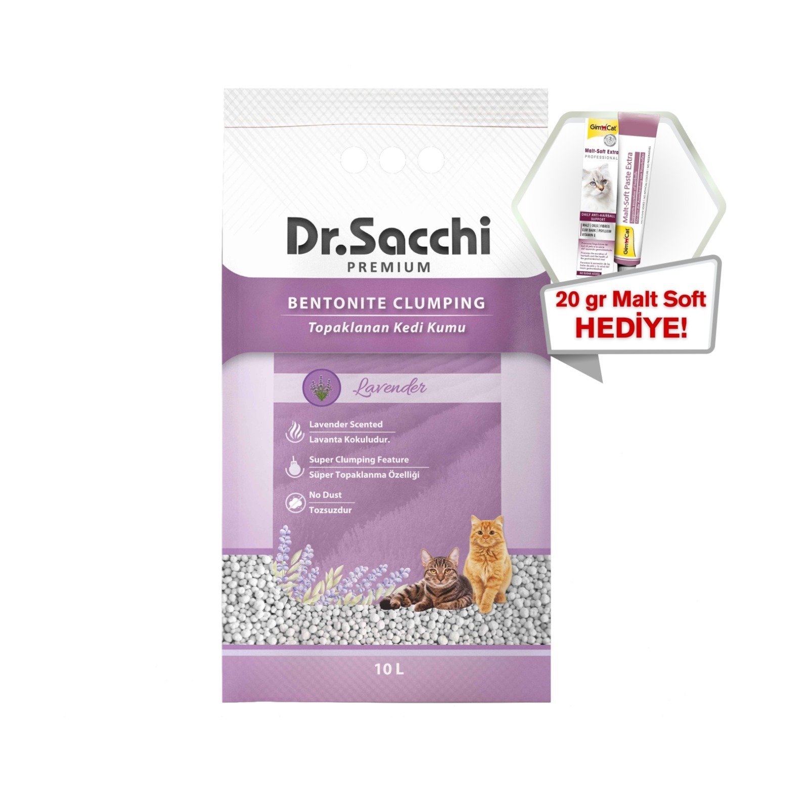 Dr.Sacchi Lavanta Kokulu Bentonit Kedi Kumu 10 Lt + GimCat Malt Soft Extra 20 gr Hediye!