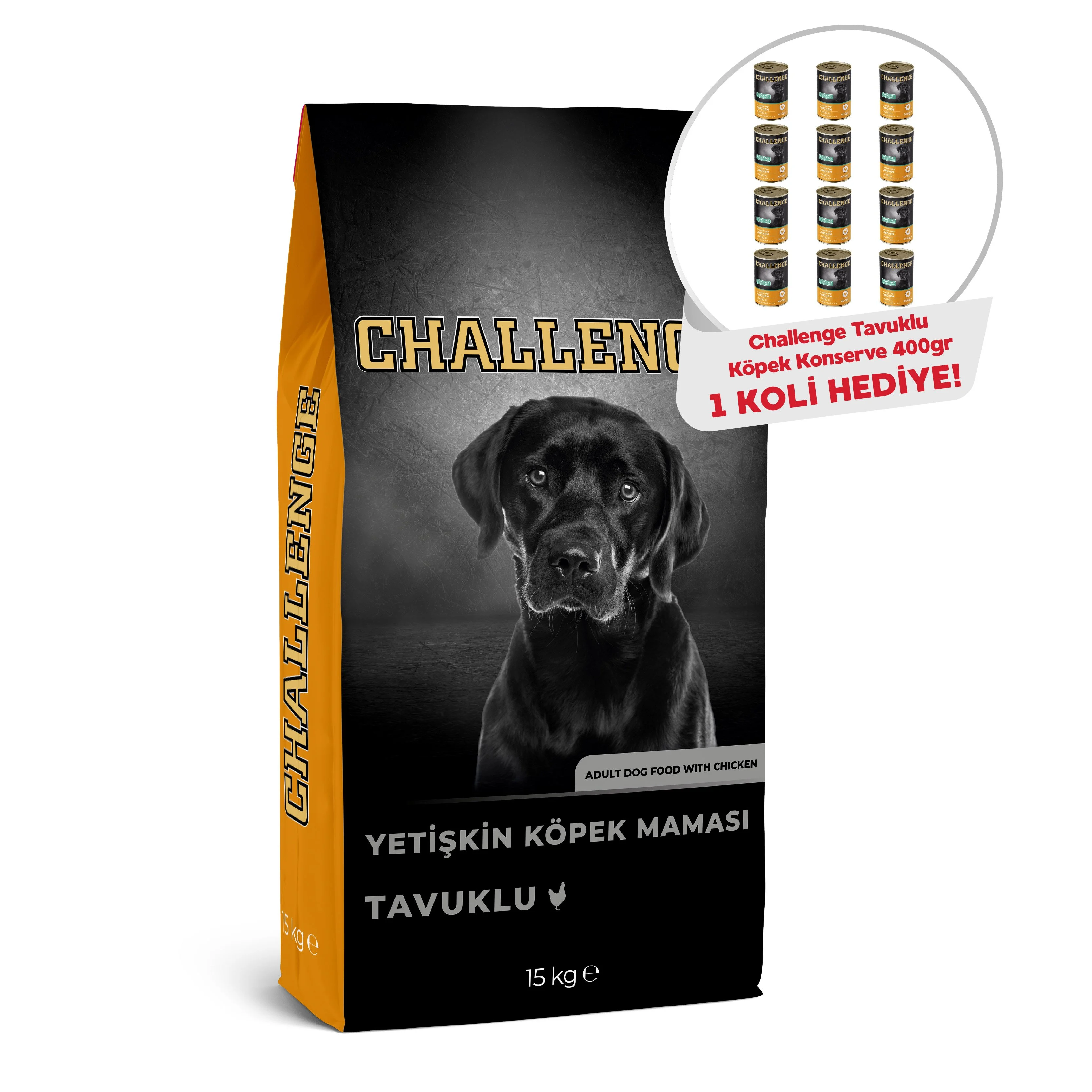 Challenge Tavuklu Yetişkin Köpek Maması 15 Kg+Challenge Tavuklu Yetişkin Köpek Konservesi 400 gr x 12 Adet Hediyeli!