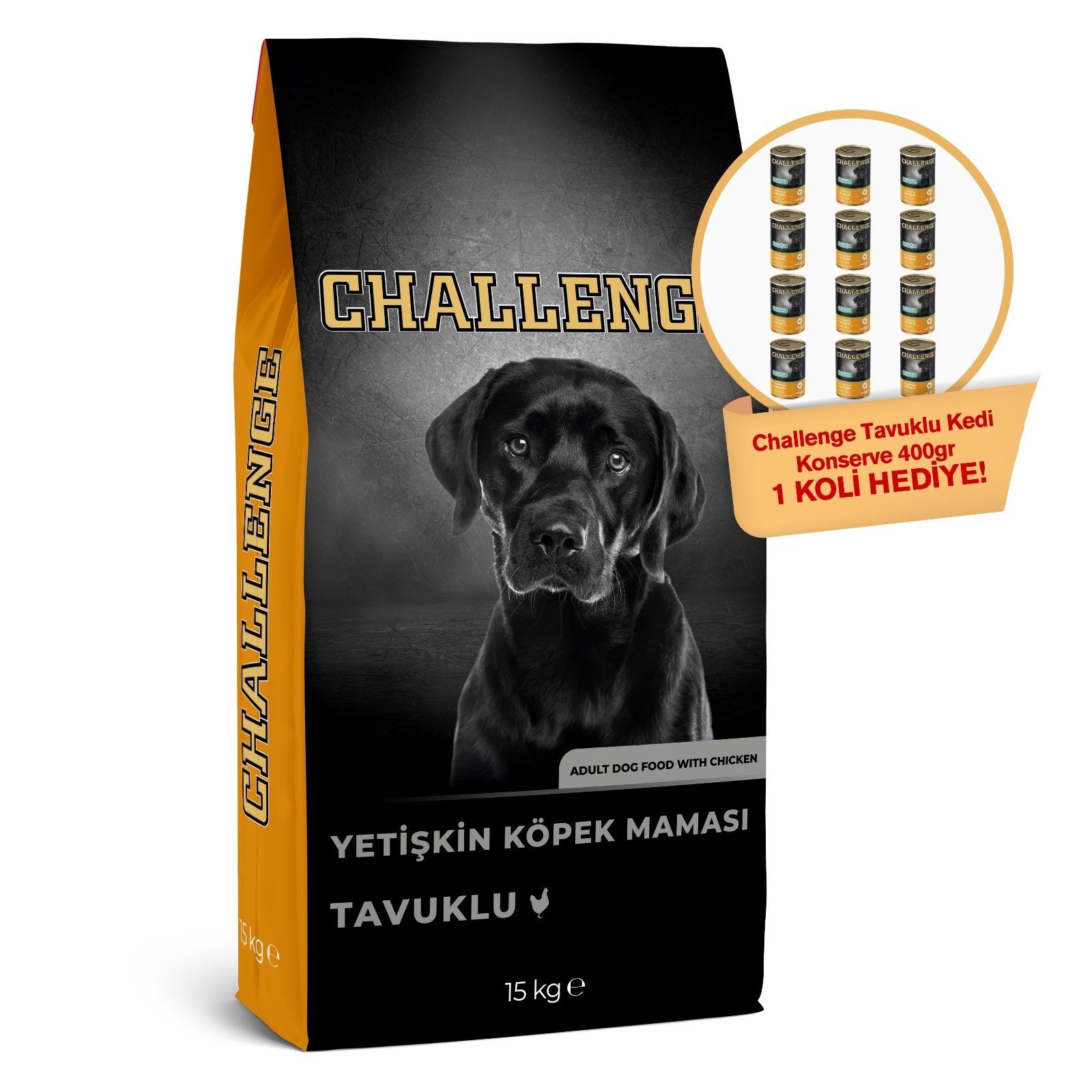Challenge Tavuklu Yetişkin Köpek Maması 15 Kg+Challenge Tavuklu Yetişkin Köpek Konservesi 400 gr x 1 koli (12 adet) Hediye!