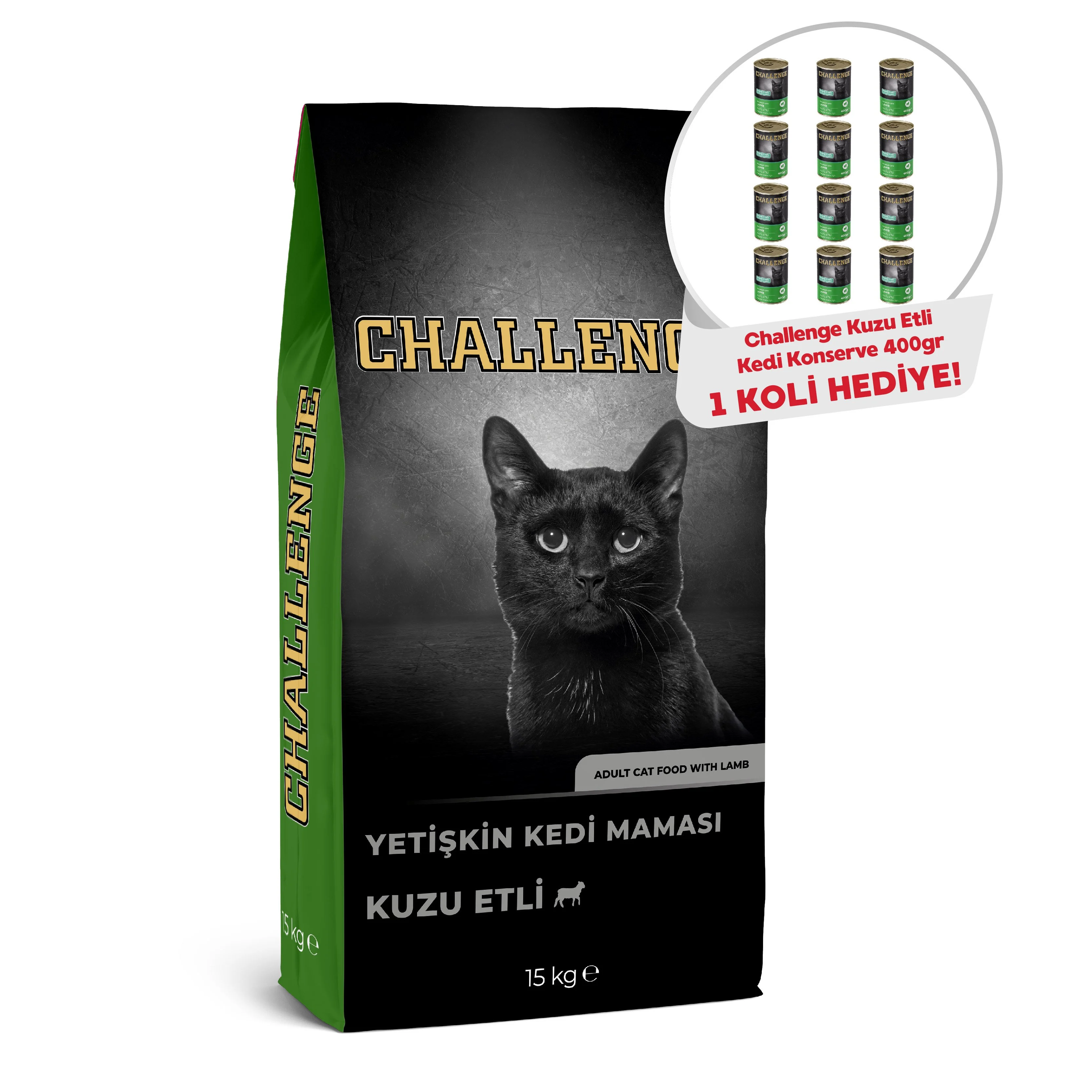 Challenge Kuzu Etli Yetişkin Kedi Maması 15 Kg+Challenge Kuzu Etli Yetişkin Kedi Konservesi 400 gr x 12 Adet Hediyeli!