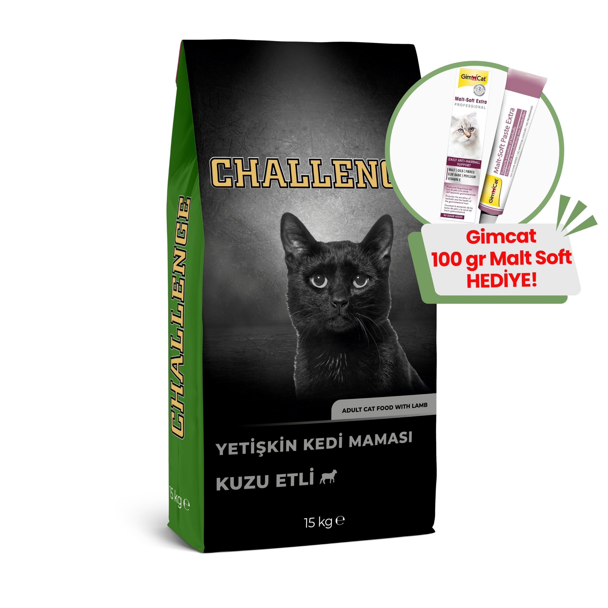 Challenge Kuzu Etli Yetişkin Kedi Maması 15 Kg + GimCat Malt Soft Extra 100 gr Hediye!