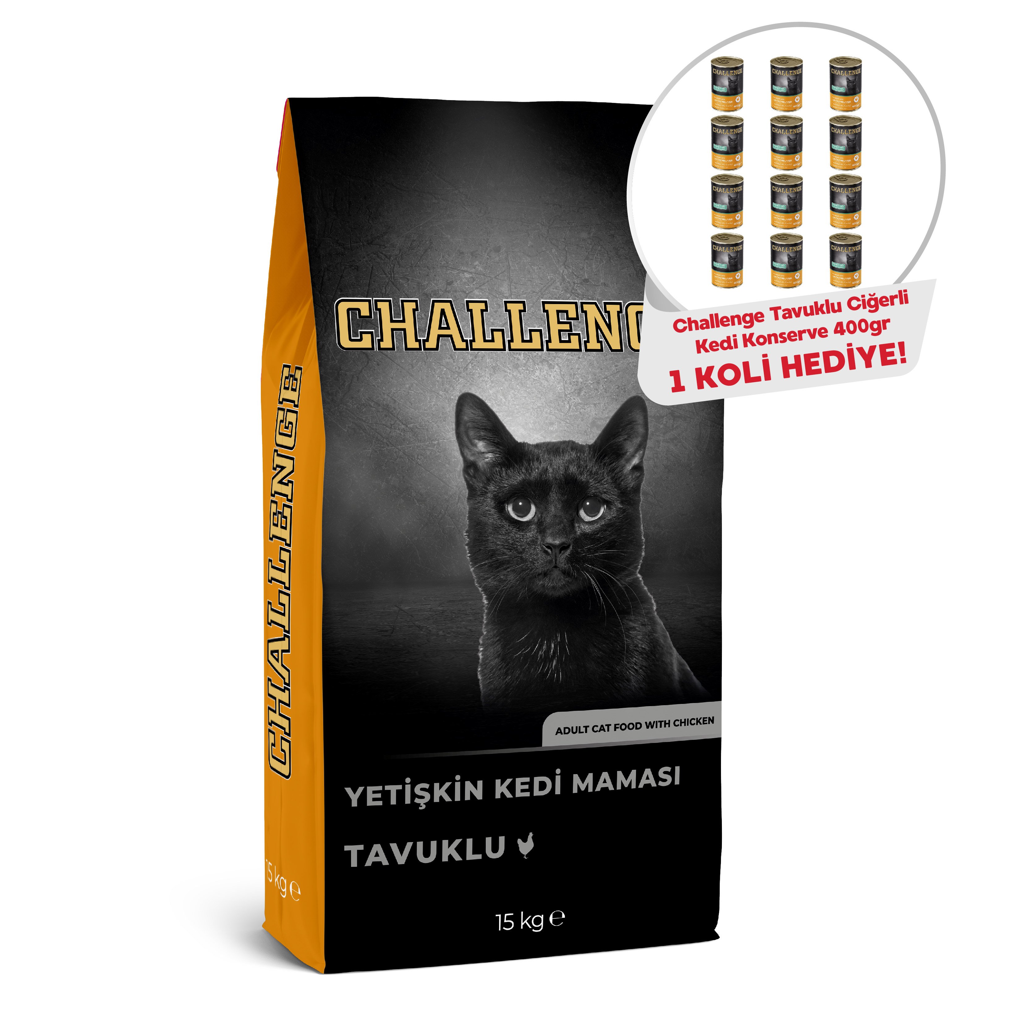 Challenge Tavuk Etli Yetişkin Kedi Maması 15 Kg + Challenge Tavuklu Ciğerli Yetişkin Kedi Konservesi 400 gr x 12 (1 koli) hediyeli!