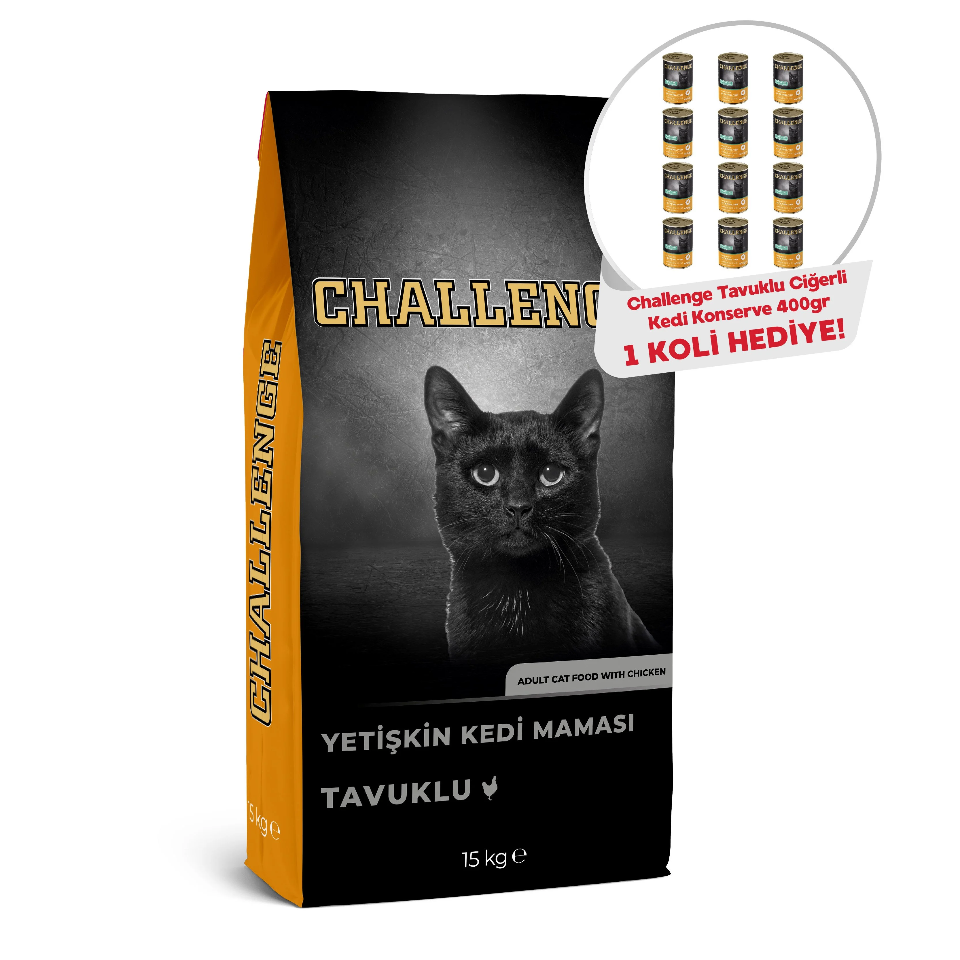 Challenge Tavuk Etli Yetişkin Kedi Maması 15 Kg+Challenge Tavuklu Ciğerli Yetişkin Kedi Konservesi 400 gr x 12 Adet Hediyeli!